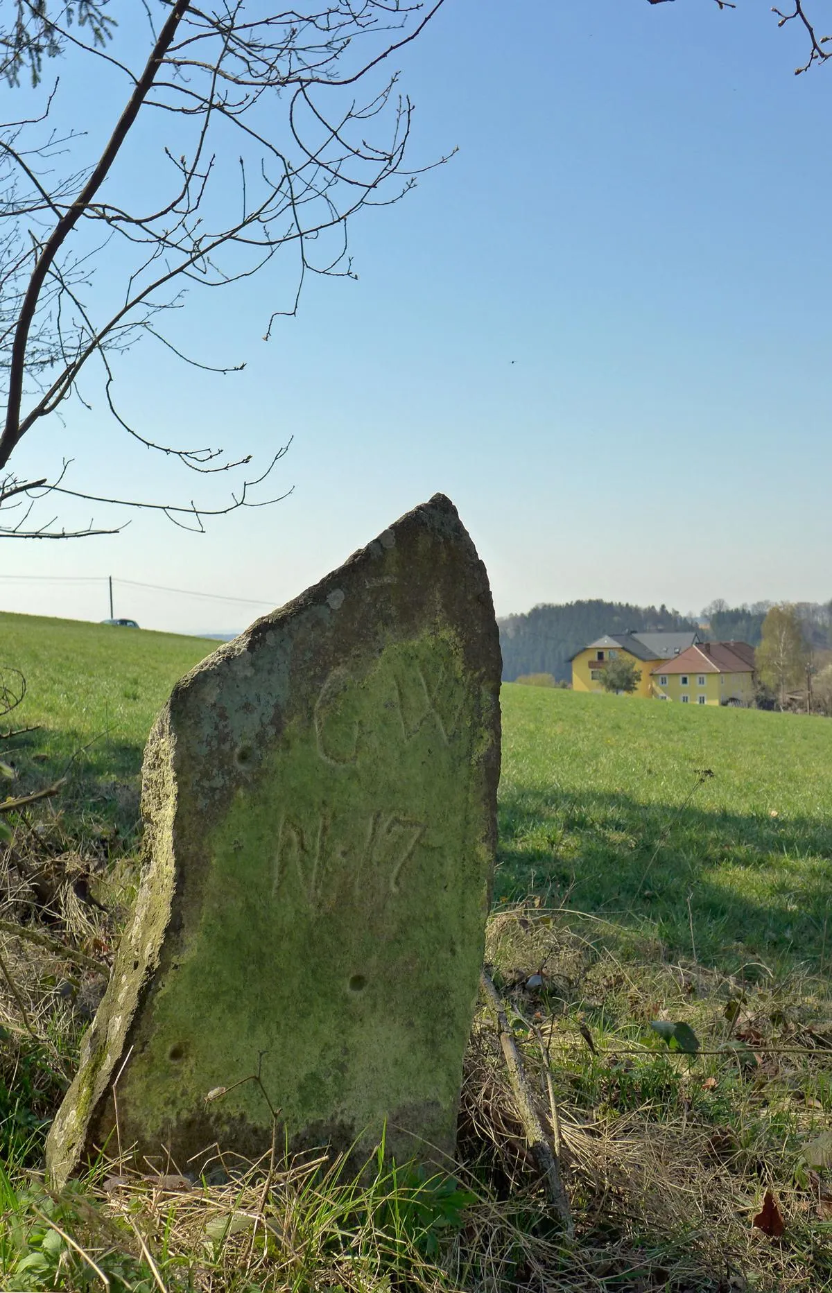 Photo showing: Katastergrenzstein. Gemeindegrenze zwischen Schwertberg und Perg. Aus der Zeit des Franziszeischen Katasters 1823-1830. Beschriftet >GW< und >N.17