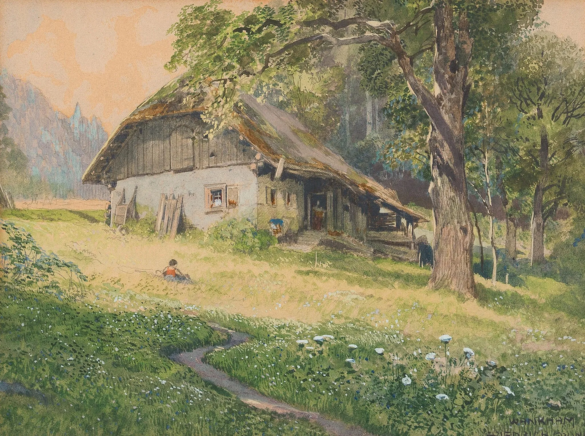 Photo showing: Bauernhaus in Wankham, Oberösterreich, betitelt "Wankham", signiert Friedrich Frank, Aquarell auf Papier, 17x 23 cm
