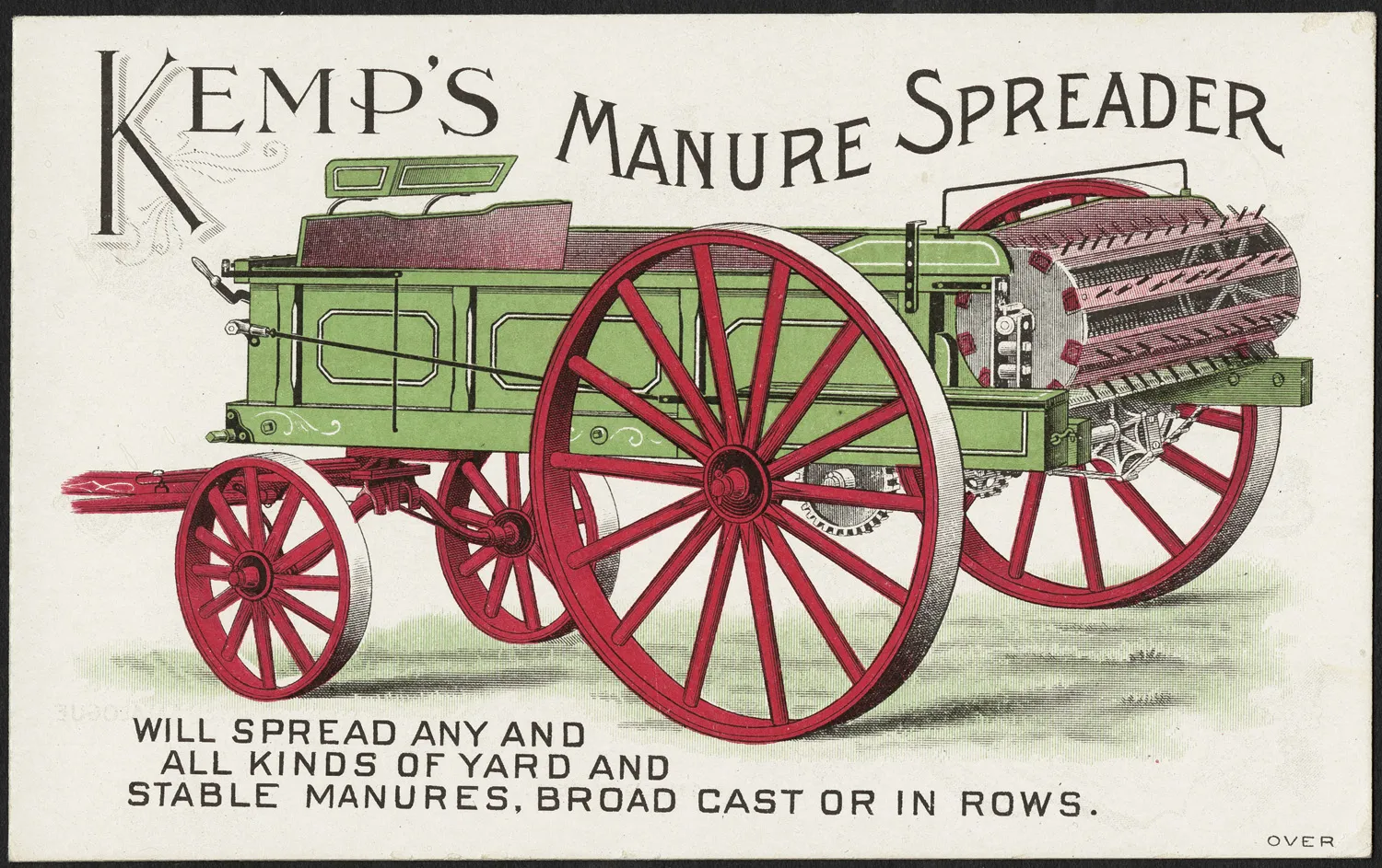 Photo showing: File name: 10_03_001605a
Binder label: Agriculture
Title: Kemp's Manure Spreader will spread any and all kinds of yard and stable manures. Broad cast or in rows. (front)
Date issued: 1870-1900 (approximate)
Physical description: 1 print : chromolithograph ; 8 x 13 cm.
Genre: Advertising cards
Subject: Agricultural equipment
Notes: Title from item.
Statement of responsibility: Kemp & Burpee M'f'g Co. 
Collection: 19th Century American Trade Cards
Location: Boston Public Library, Print Department

Rights: No known restrictions.