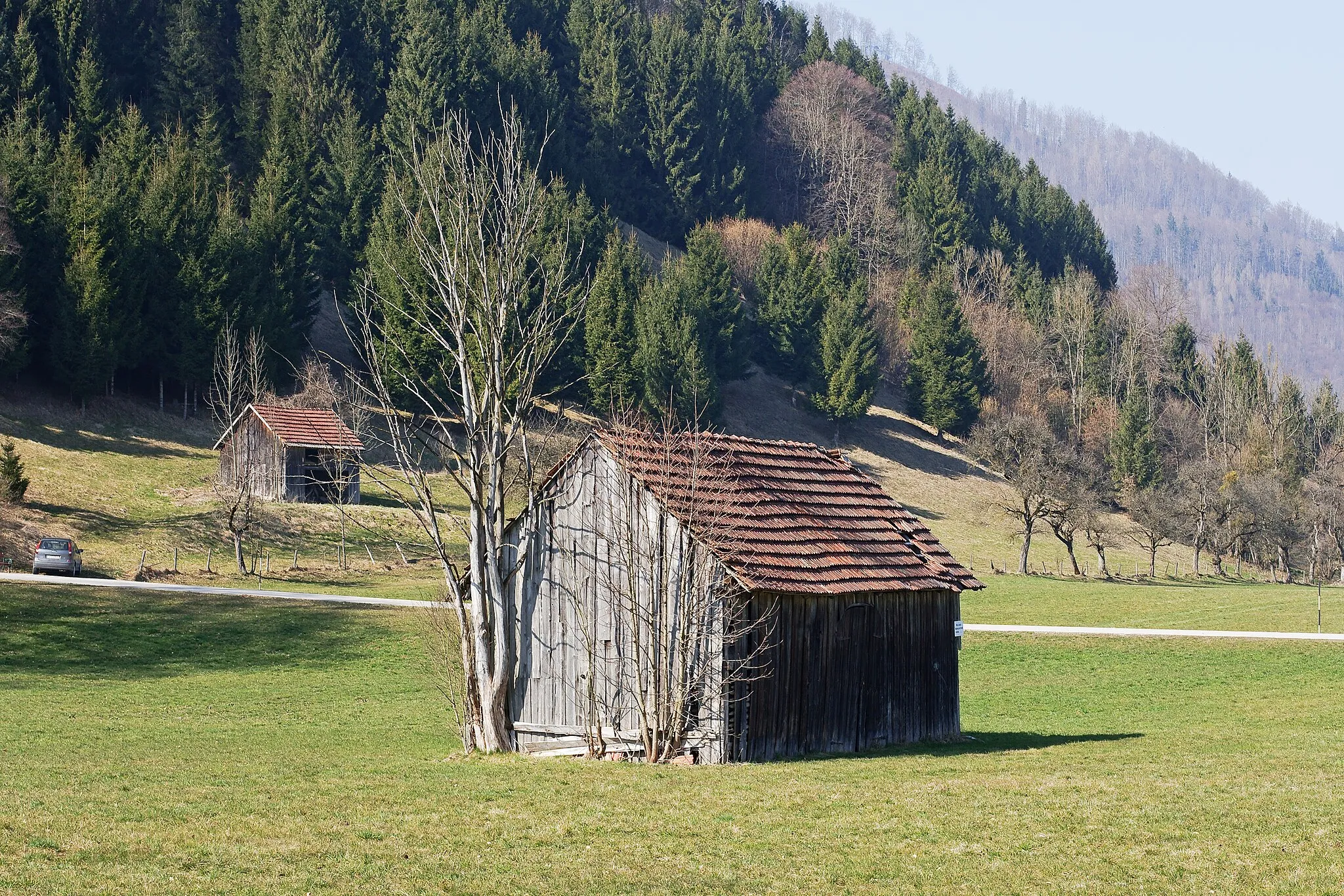 Photo showing: Zwei Stadel in Leonstein, Gemeinde Grünburg. Der vordere wurde bei einem Unwetter im Herbst 2018 zerstört