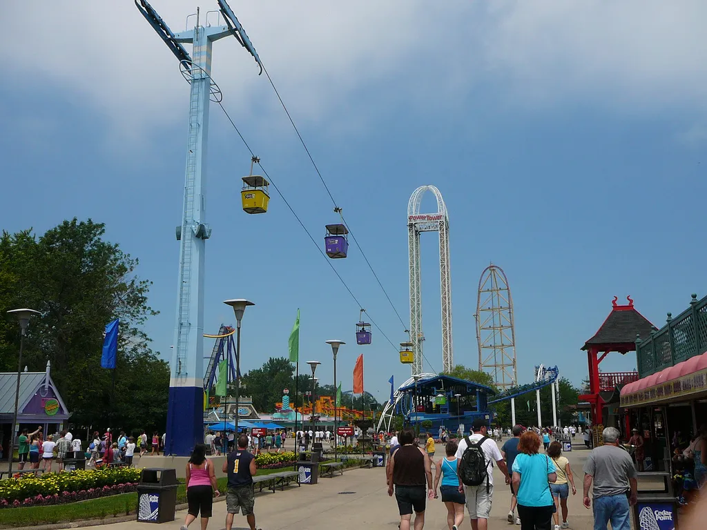 Photo showing: View of Sky Ride, Power Tower and Top Thrill Dragster from the main midway at Cedar Point.