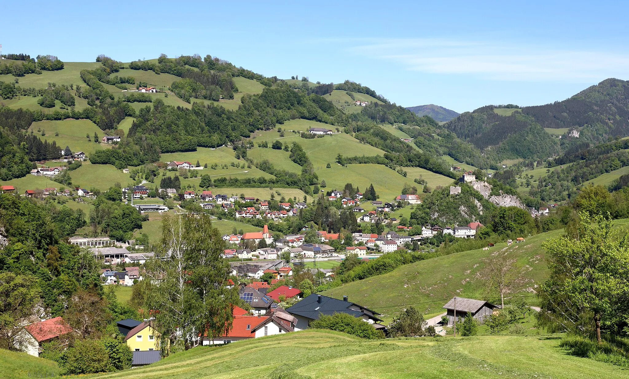 Photo showing: Westsüdwestansicht der oberösterreichischen Gemeinde Losenstein mit der röm.-kath. Pfarrkirche hl. Blasius im Bildzentrum und der Burgruine Losenstein am rechten Bildrand.