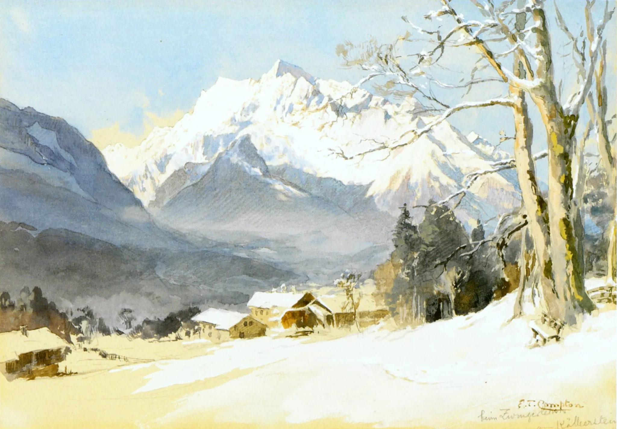 Photo showing: Blick von Zwingerlehen am Kälberstein bei Bischofswiesen auf den Hochkalter, pencil and watercolor on paper, 23,0 × 33,3 cm.