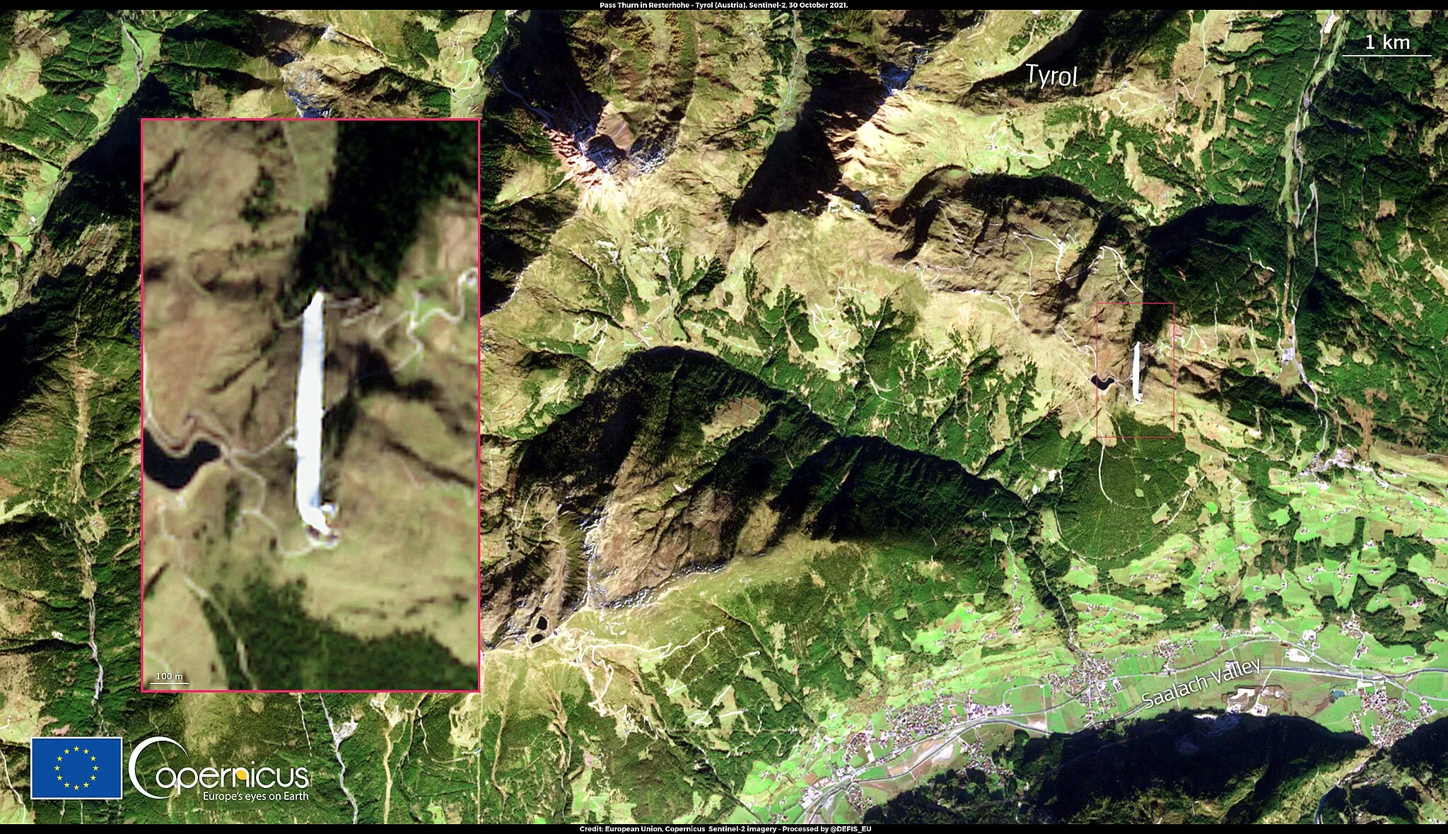 Photo showing: This image, acquired by one of the Copernicus Sentinel-2 satellites on 30 October 2021, shows the Thurn Pass near Kitzbühel in the Austrian Alps. A thermal snow covering has been tested at the Thurn Pass. At the end of the 2020/2021 winter season, the snow on a two-kilometre stretch was covered with special thermal blankets, which ensured that the snow was perfectly preserved until the end of October. The condition of the snow was so good that it allowed the ski season to reopen before the snow covered the surrounding peaks. Using data from the Copernicus satellites, it is possible to acquire information on snow cover levels worldwide.