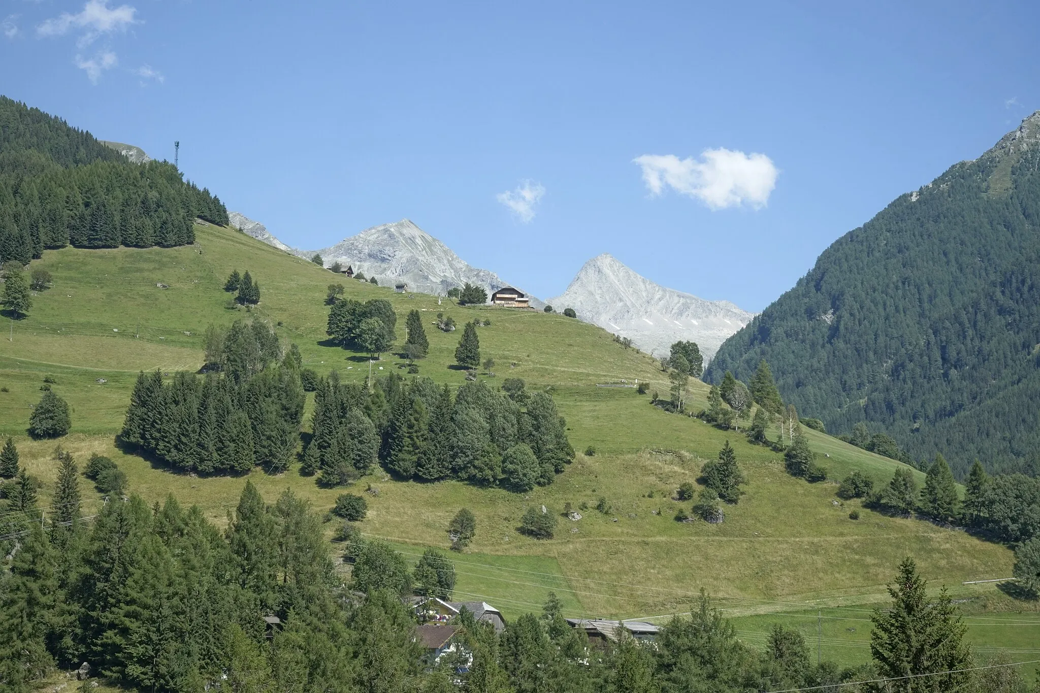 Photo showing: Blick vom Hotel Oswald auf die exponierte Hütte bei Dösen.