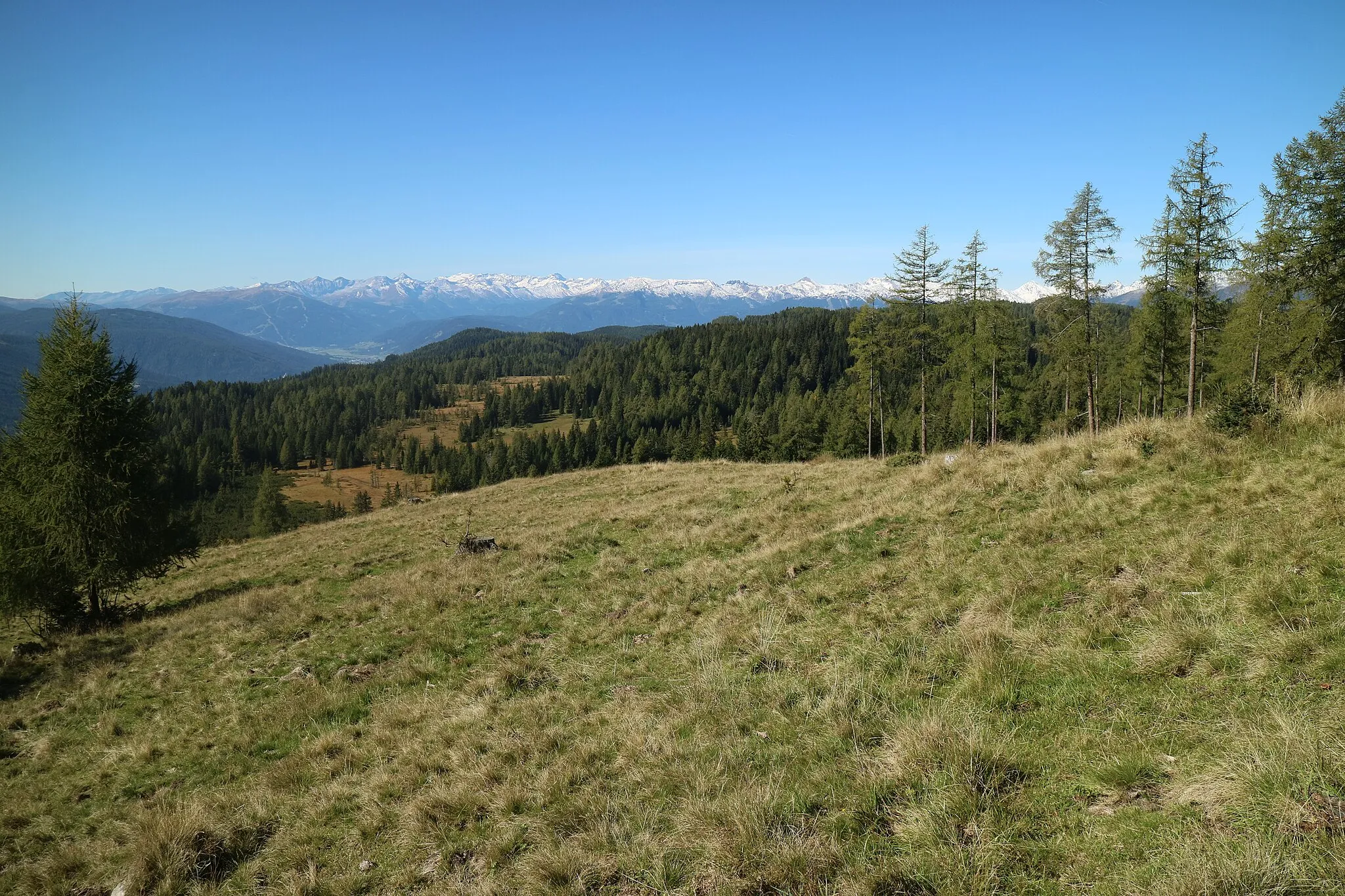 Photo showing: Blick vom Weidschober auf das Überlingmoos, im Hintergrund Hafnergruppe und Radstädter Tauern, Salzburg