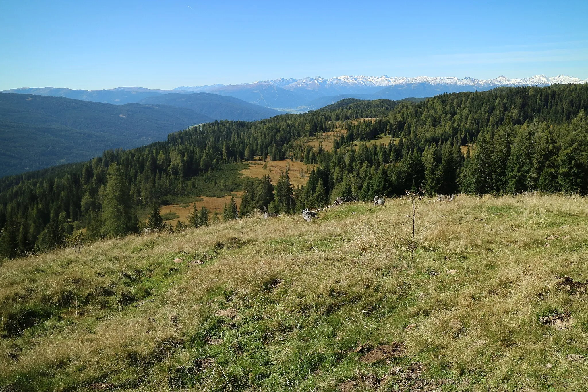 Photo showing: Blick vom Weidschober auf das Überlingmoos, im Hintergrund darüber die Hafnergruppe, Salzburg