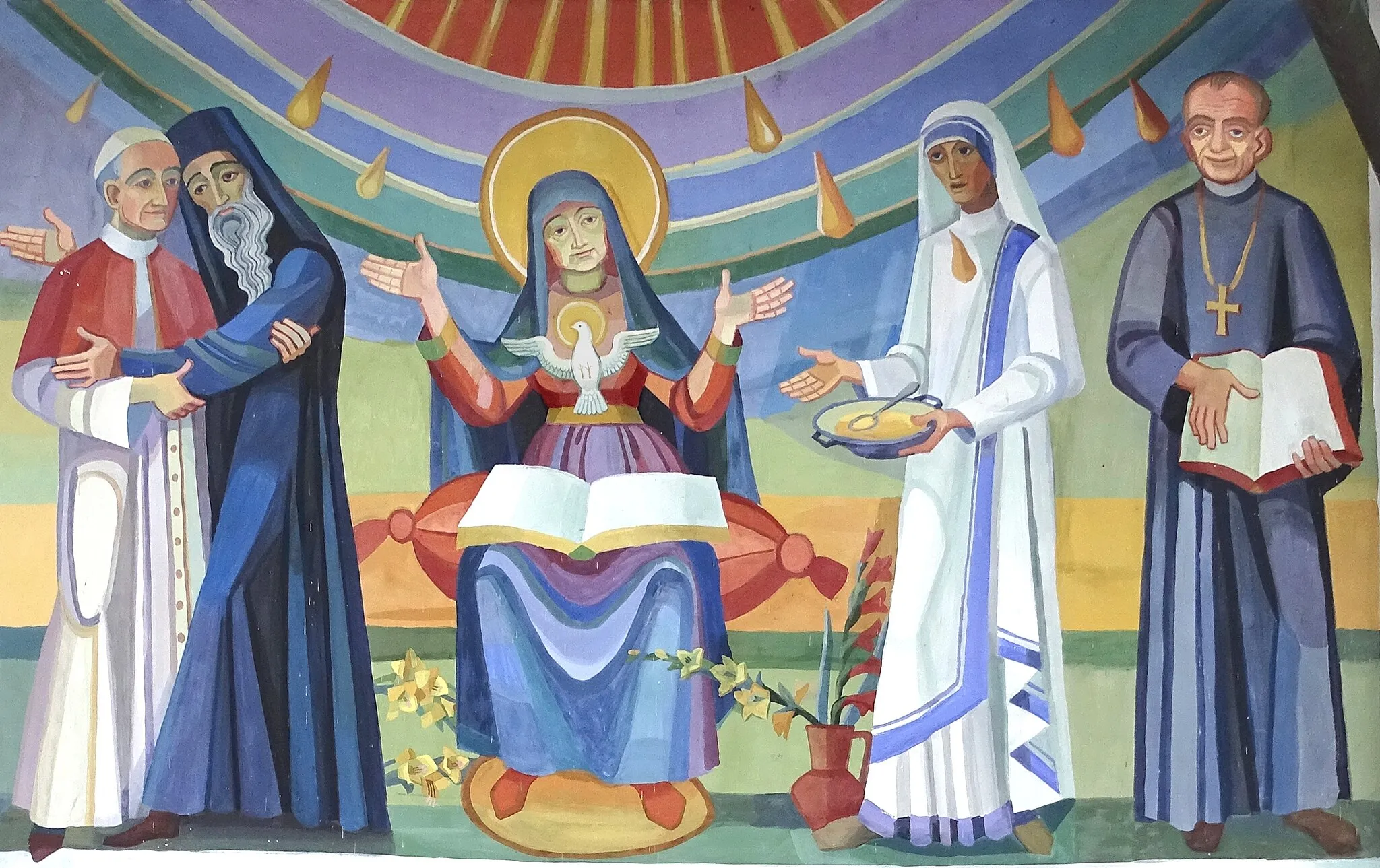 Photo showing: Ein Teil der Freskos an der Nordwand der Ortskapelle von Tregist oben: li. Paul VI und Patriarch Athinagoras, re. Mutter Teresa und Dom Helder Camara