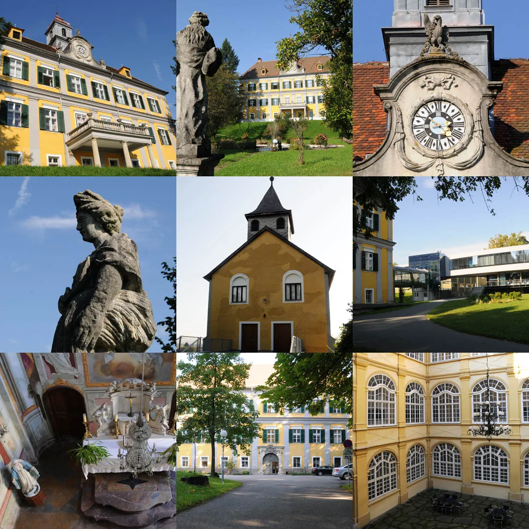 Photo showing: This is a mixture of pictures showing the château Premstätten including views of the arcade atrium, the chapel, the clock tower, the front and a historic statue.