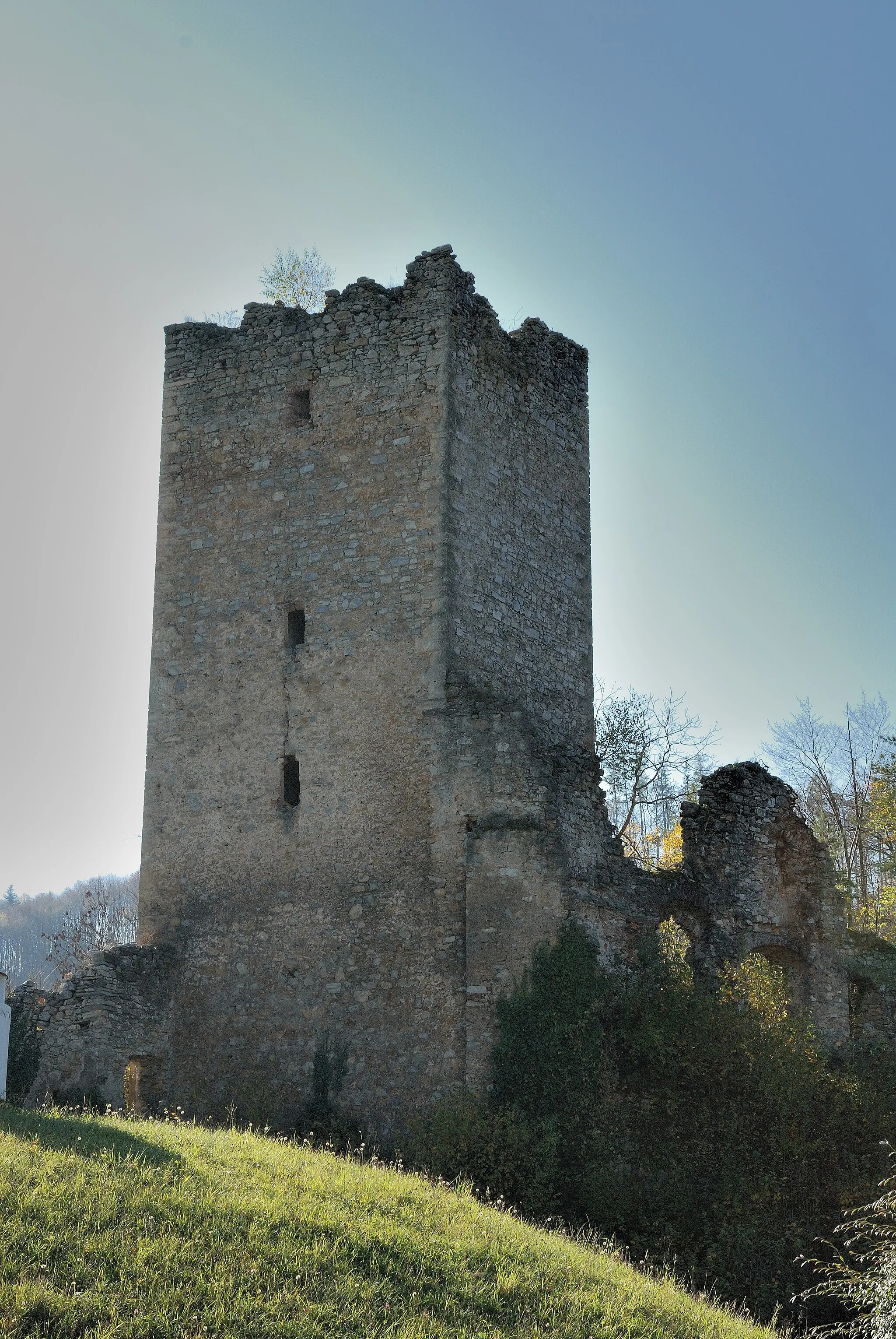 Photo showing: Burgruine Alt-Sturmberg - Turm mit Mauerrest