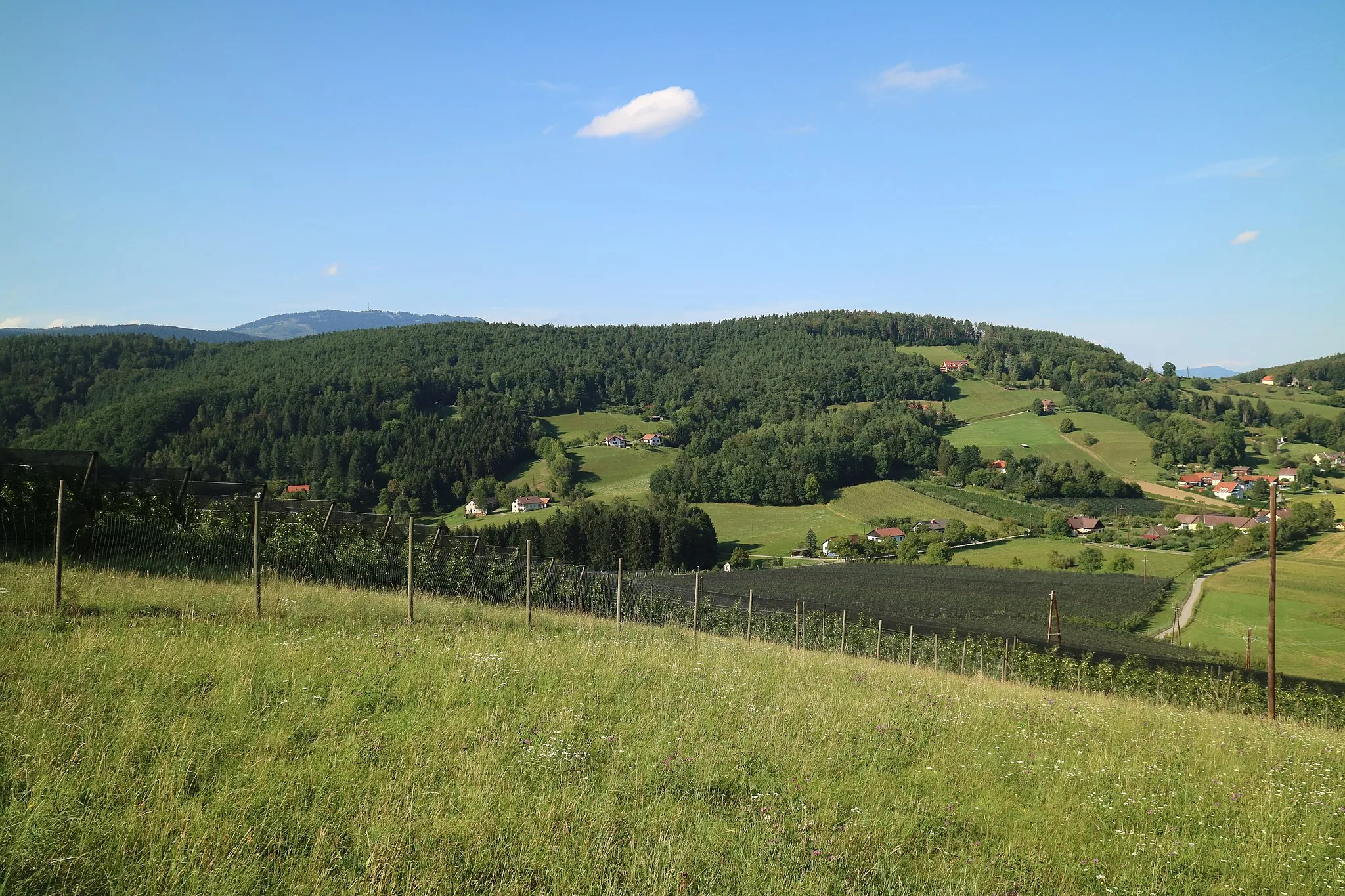 Photo showing: Blick vom 2. Plattenkreuz zum Lineckberg, im Hintergrund der Schöckl, Graz-Andritz