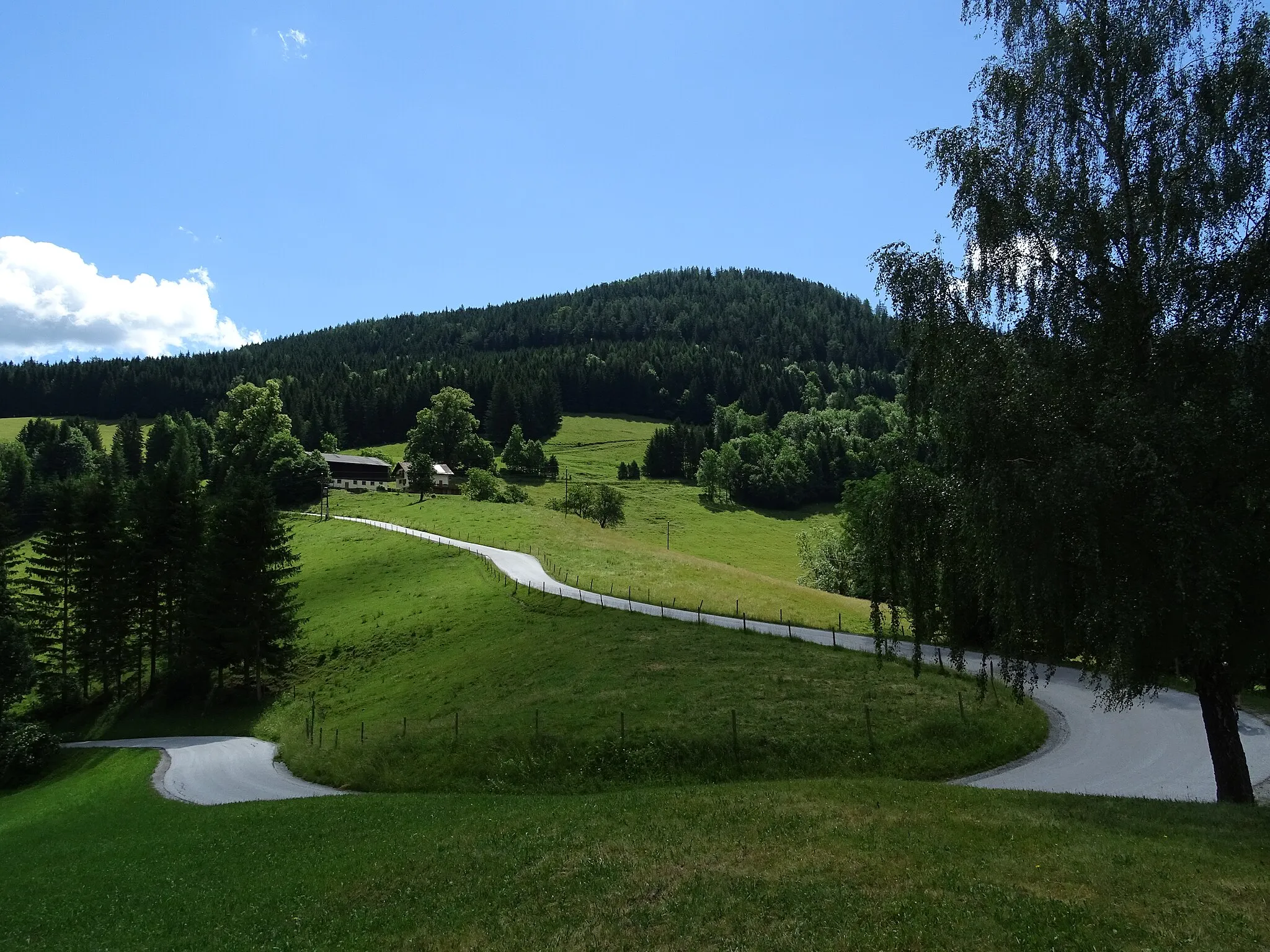 Photo showing: Blick von Nordwesten auf die Ortschaft Hadergasse in der Gemeinde Kainach bei Voitsberg. Das Gebäude links gehört zum Bauernhof vulgo Lukas (Hadergasse Nr. 20). Der Berg im Hintergrund ist der Lukaskogel.