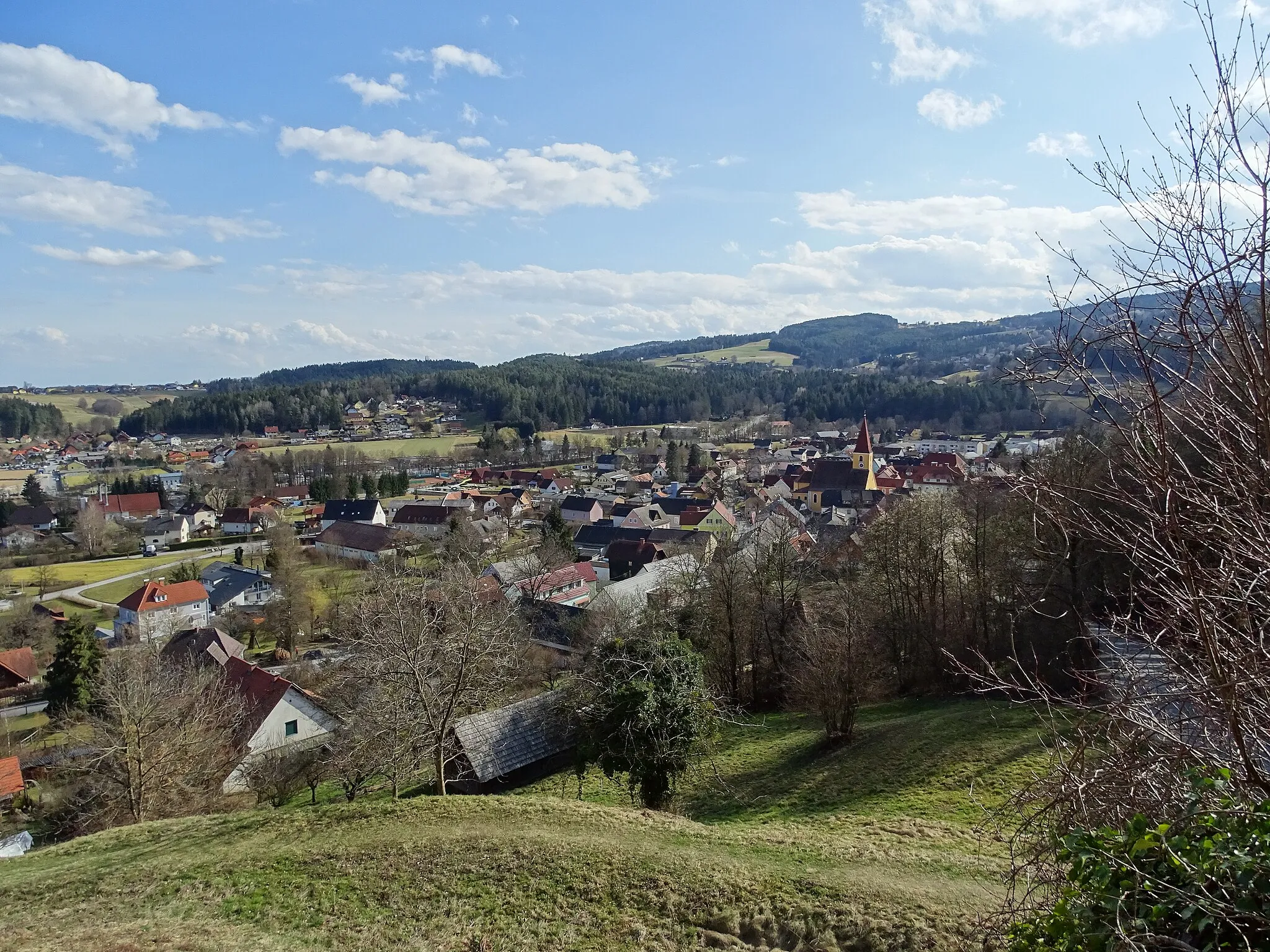 Photo showing: Blick von Norden von der Burgruine Ligist aus auf den Hauptort von Ligist
