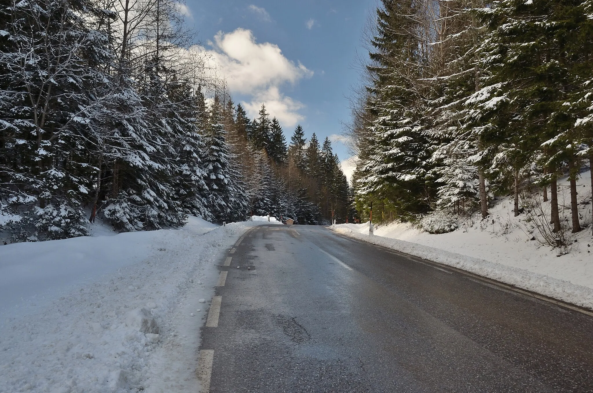 Photo showing: Der Pretalsattel ist ein 1069 m hoher Passübergang zwischen dem Dorf Veitsch im Osten und der Gemeinde Turnau im Westen. Er liegt in der Steiermark. Blick über die Passhöhe nach Westen.