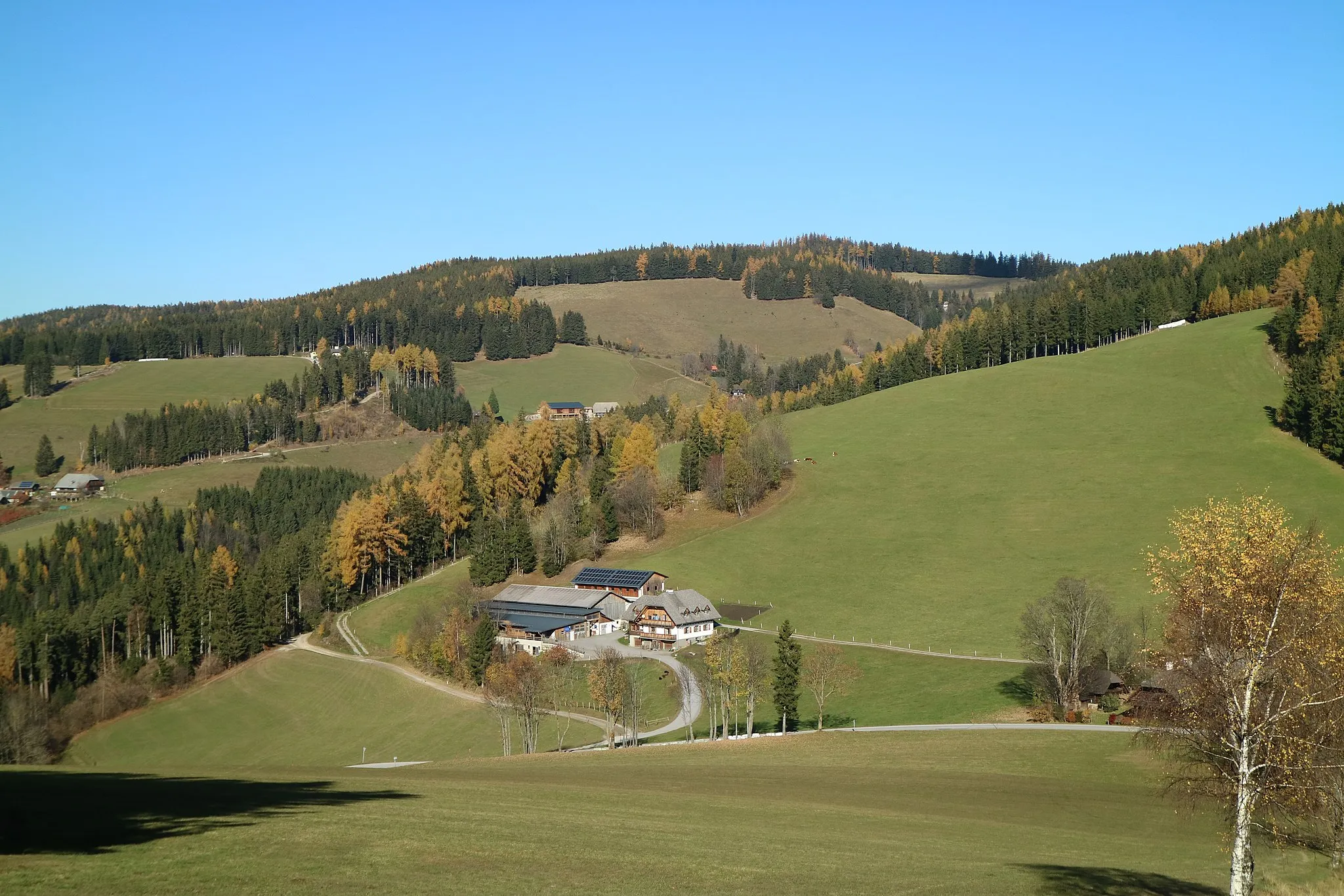 Photo showing: Blick von Gschaid zum Pommesberg, Gemeinde Sankt Kathrein am Offenegg, Steiermark