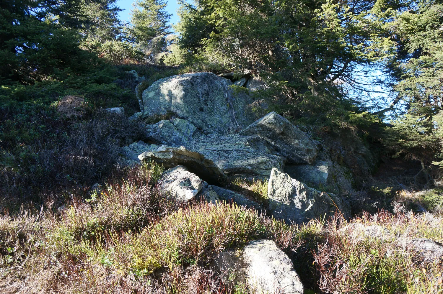 Photo showing: Rock and rock formations "Öfen" along the hiking trail on the Bärofen (1720 m above sea level) at the foothills of the Koralpe, district Wolfsberg, Carinthia, Austria, European Union
