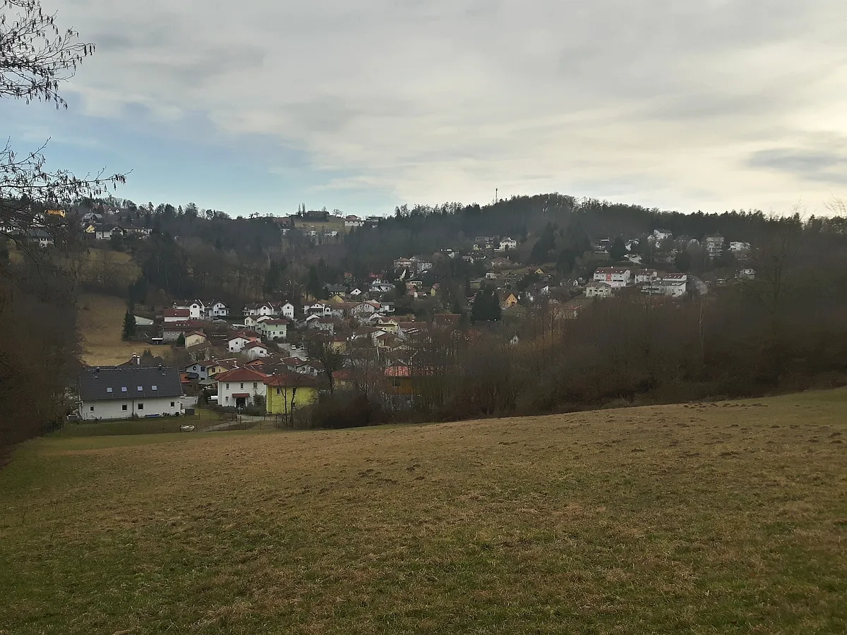 Photo showing: Die Ortschaft Ragnitz (Gemeinde Kainbach bei Graz), im mittleren Ragnitztal von Norden betrachtet, mit der Ortslage Haberwald auf der gegenüberliegenden südlichen Talseite (Gemeinde Hart bei Graz) in einem spätwinterlichen Aspekt. Am gegenüberliegenden Hügel liegen Hohenrain (Gemeinde Hart bei Graz) und Lustbühel (Stadtgemeinde Graz), am rechten Bildrand. Das Siedlungsgebiet befindet sich bereits im Oststeirischen Hügelland. Für das vorherrschende suburbane Siedlungsbild sind Einfamilienhäuser und Reihenhäuser typisch, mit zunehmender Stadtferne nach Osten werden auch kleine Landwirtschaften häufiger.