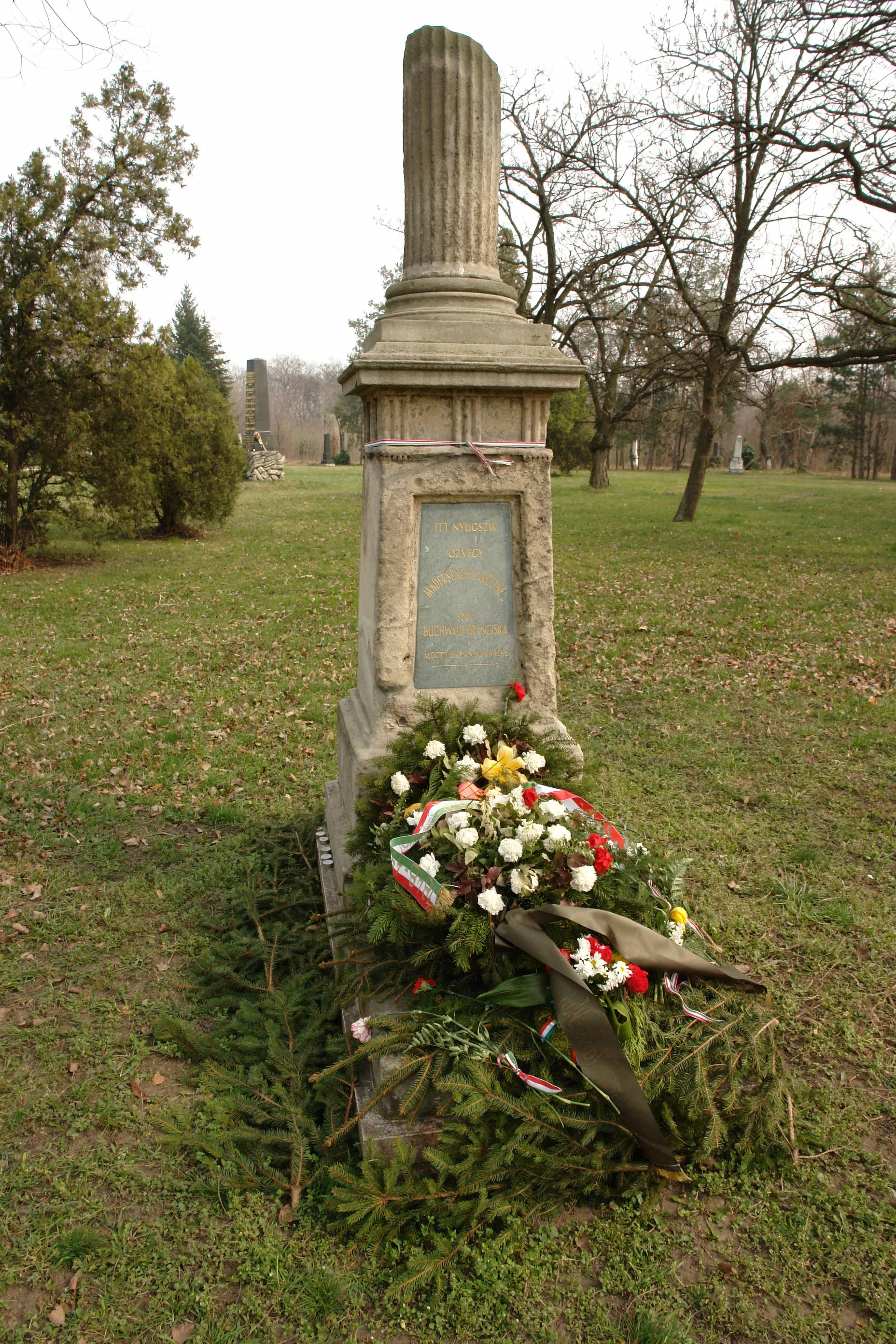 Photo showing: Maderspachné Buchwald Franciska (Maderspach Károly kohómérnöknek, az íven függő vonórudas vashíd feltalálójának felesége; a szabadságharc után bujdosók, köztük Bem József és Kmety György támogatója és rejtegetője, amiért Haynau parancsára nyilvánosan megvesszőzték; Maderspach Lívius bányamérnök anyja) 1804–1880 [mai sírja: 1963 után].