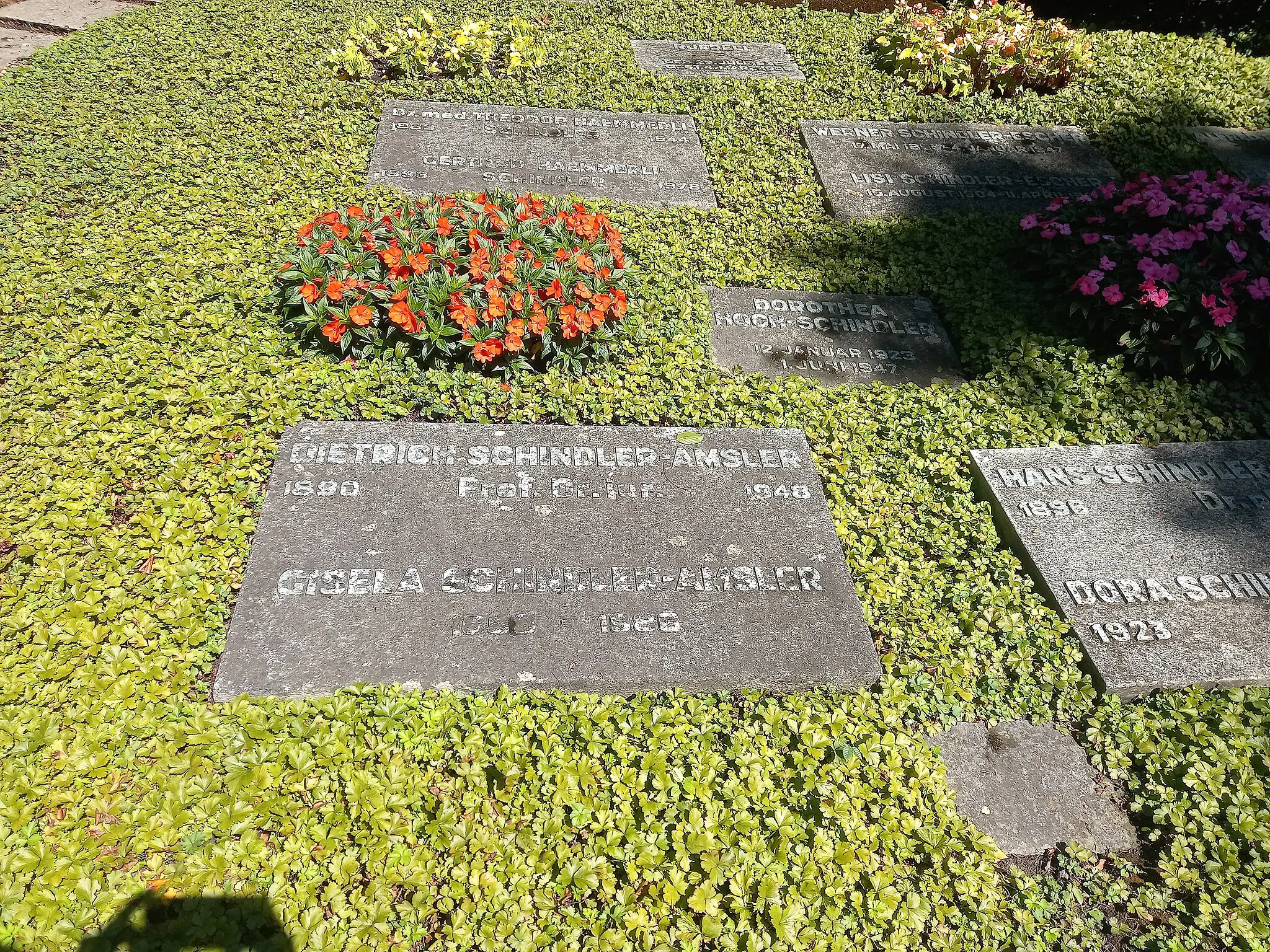 Photo showing: Das Grab des schweiizerichen Staats- und Völkerrechtlers Dietrich Schindler und seiner Ehefrau Gisela Amsler im Familiengrab Schindler auf dem Friedhof Enzenbühl in Zürich.