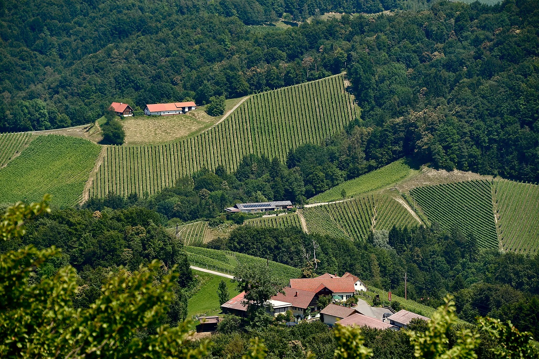 Photo showing: View from the observation tower Kreuzbergwarte on Hoehenweg-Karnerberg at Kranach, municipality Eichberg-Trautenburg, district Leibnitz, Styria / Austria / EU