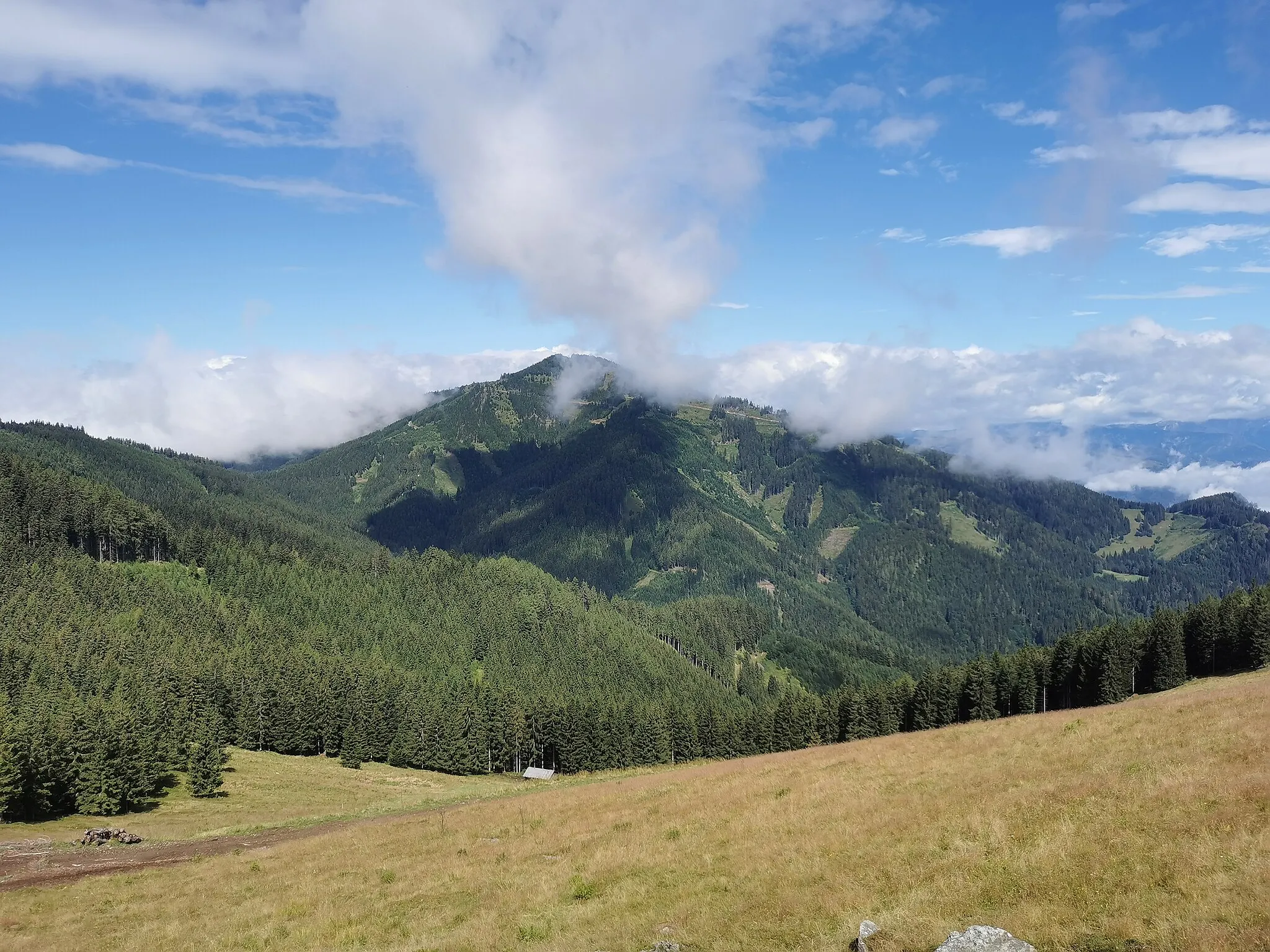 Photo showing: Blick von Bei den drei Pfarren nach Nordwesten über den Talschluss des Utschgrabens auf das Roßeck. Hochalpe (Gleinalpe), Steiermark.