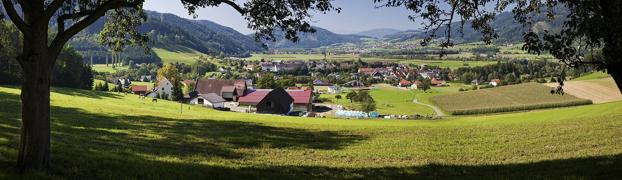 Photo showing: St. Stefan ob Leoben von Nordosten. Aufnahme vom Kamsberg. Im Hintergrund Mittagkogel und der Tremmelberg mit der Aussichtswarte