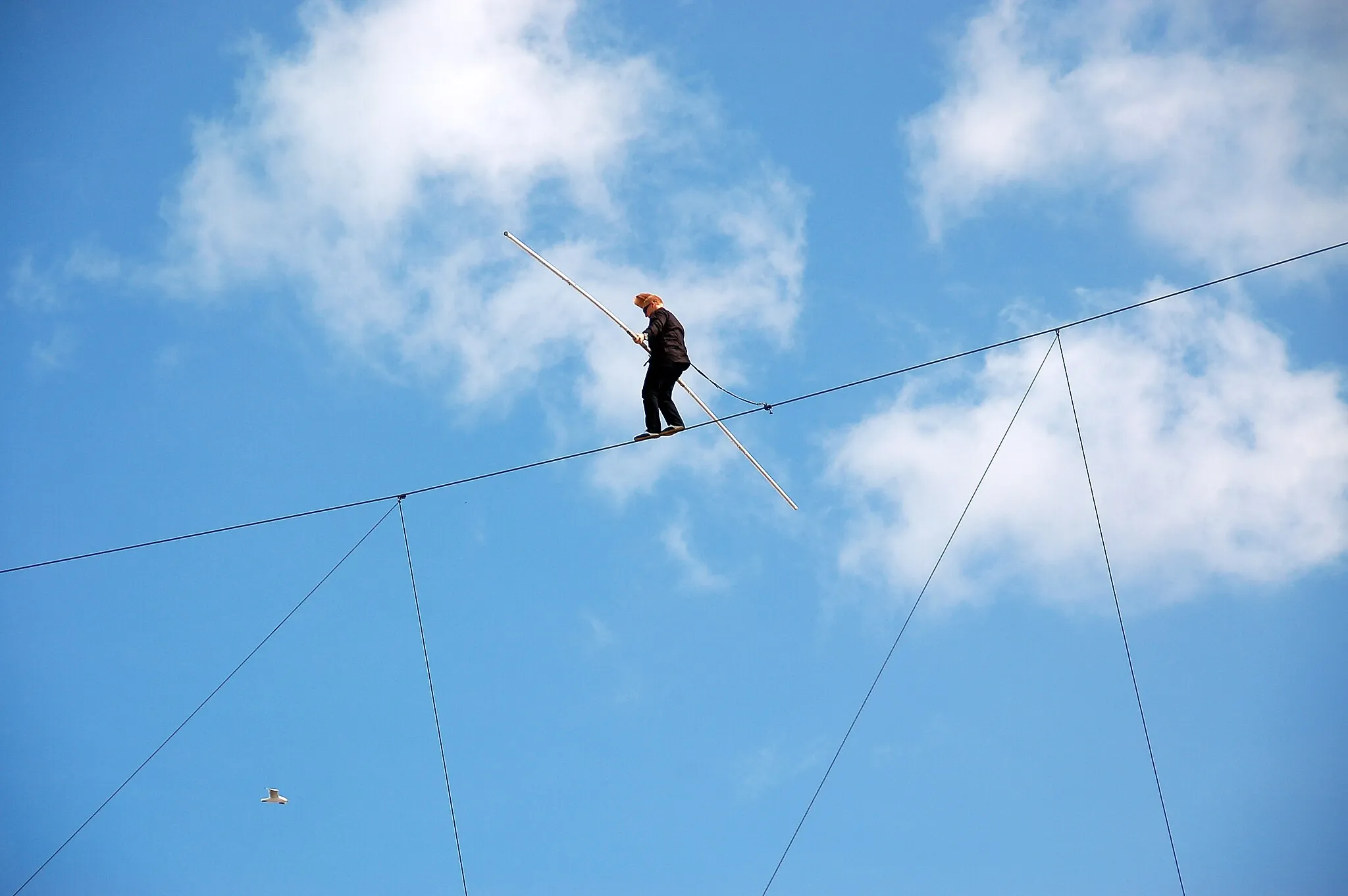 Photo showing: 30 metres up in the air walking across a 100 metre high wire.

My brother Rodney had my old D50 camera and took this shot.