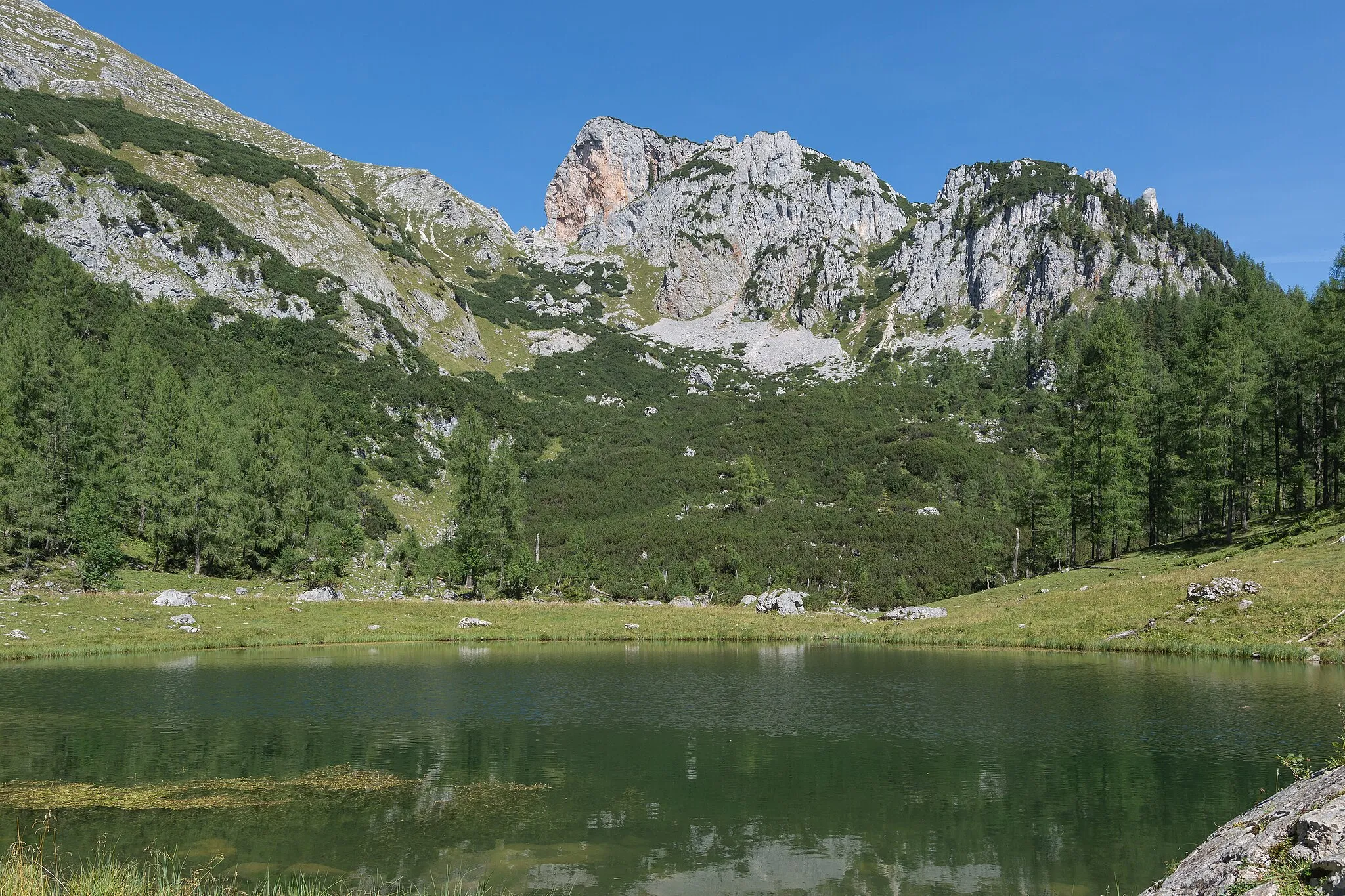 Photo showing: The mountain Rote Wand (1872 m) consists of Plassenkalk, a late jurassic limestone. It is located in the Upper Austrian protected landscape Warscheneck-Süd-Stubwies.
