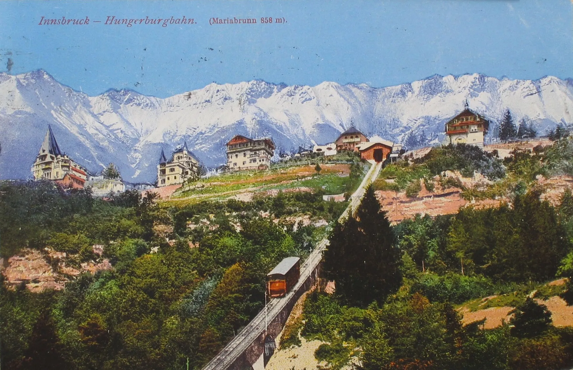 Photo showing: Innsbruck, Hungerburgbahn, Mariabrunn 858 m. Postkarte mit Poststempel 28.7.1927