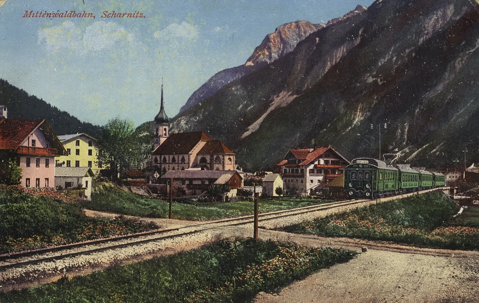Photo showing: Scharnitz um 1912 mit elektrischer Karwendelbahn