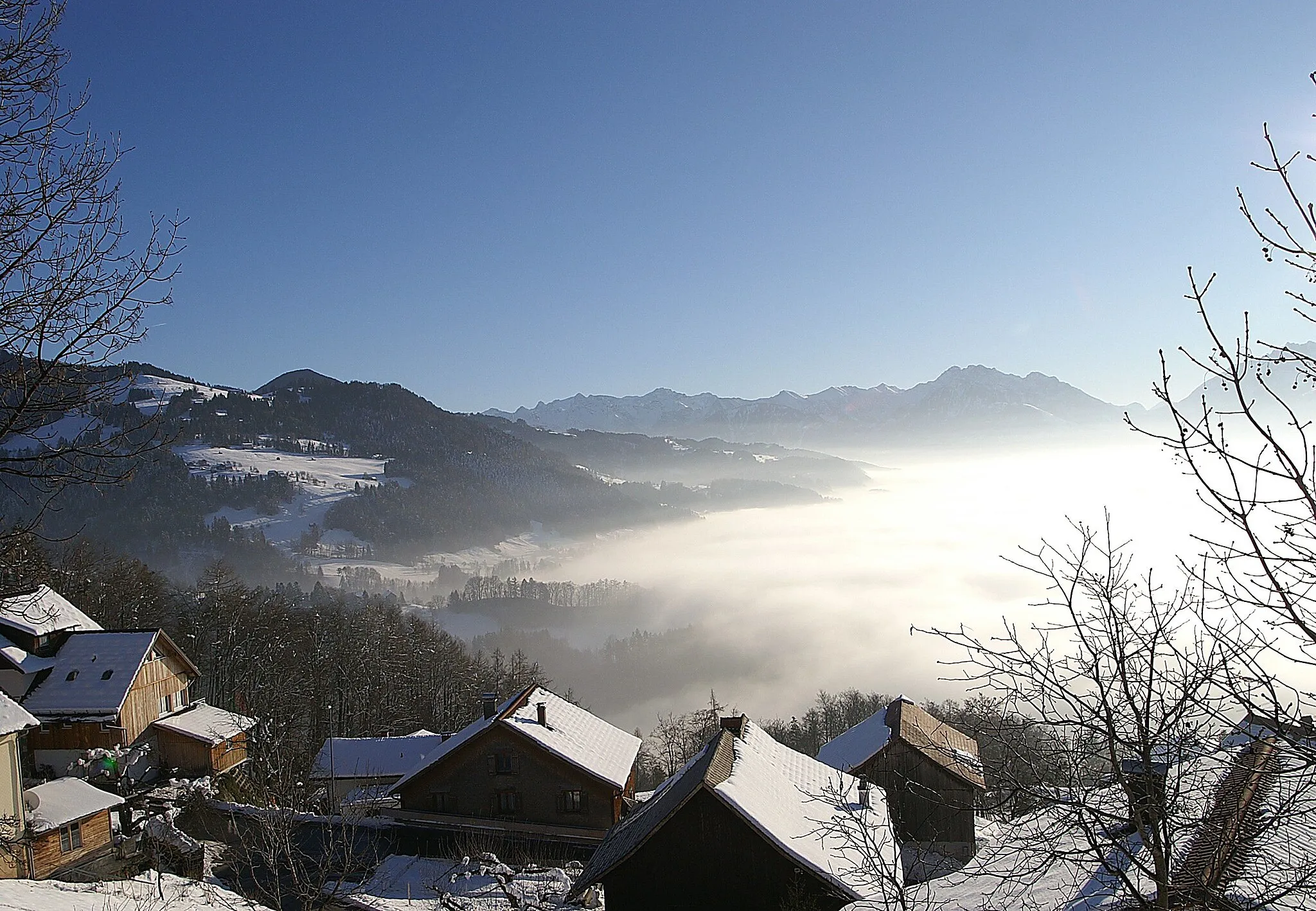 Photo showing: Blick vom Viktorsberg in Richtung Übersaxen. Im Rheintal dichter Nebel.