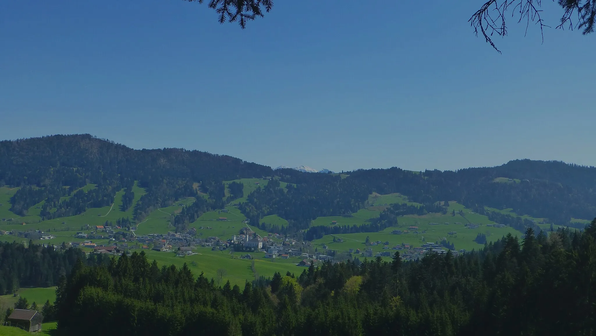 Photo showing: Blick von Abendreute in Alberschwende auf den Lorenapass, links der Brüggelekopf, rechts der Geißkopf