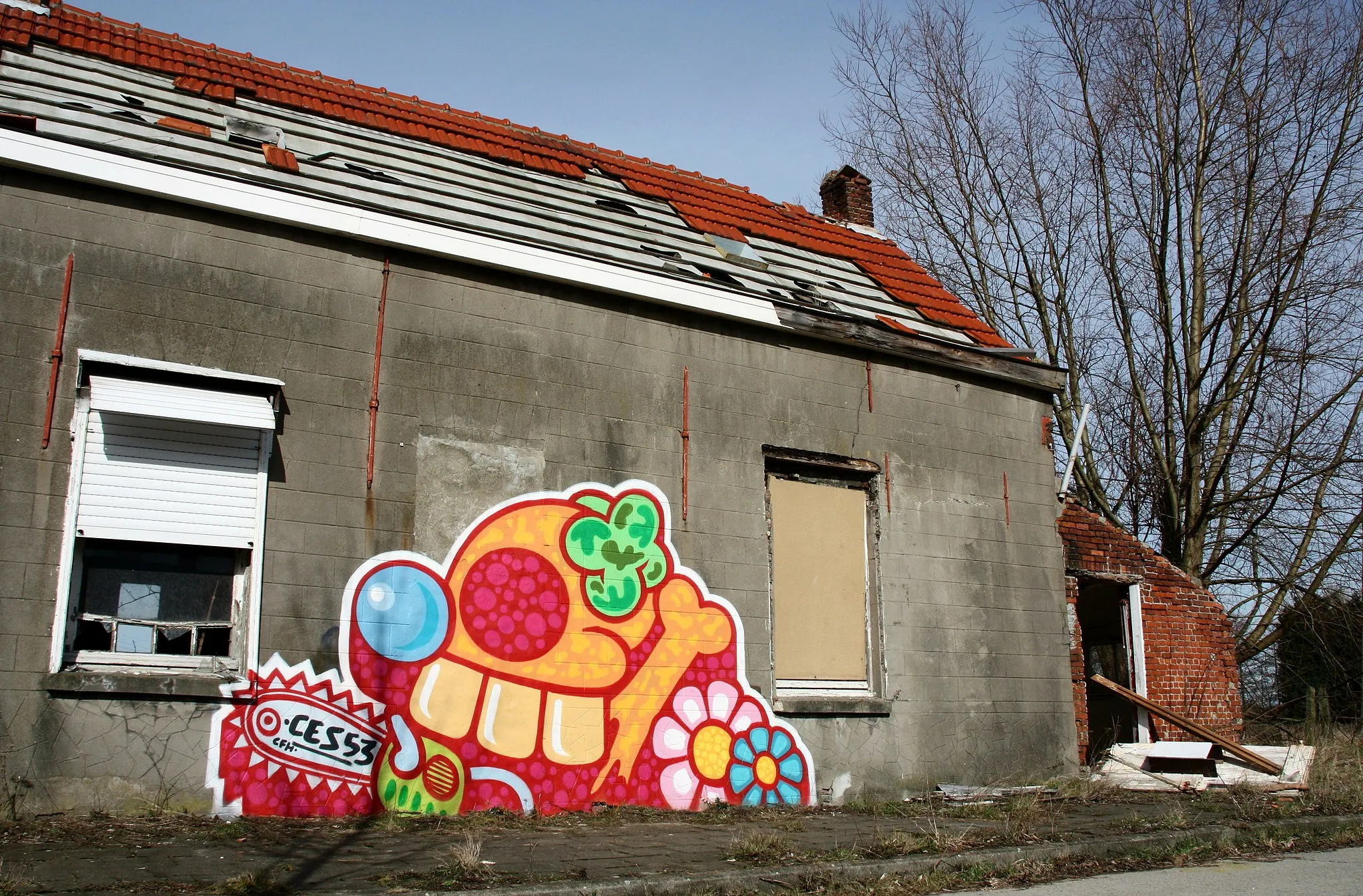 Photo showing: Streetart painting by Ces53 in Doel,Belgium,a ghost town serving as streetart canvas.