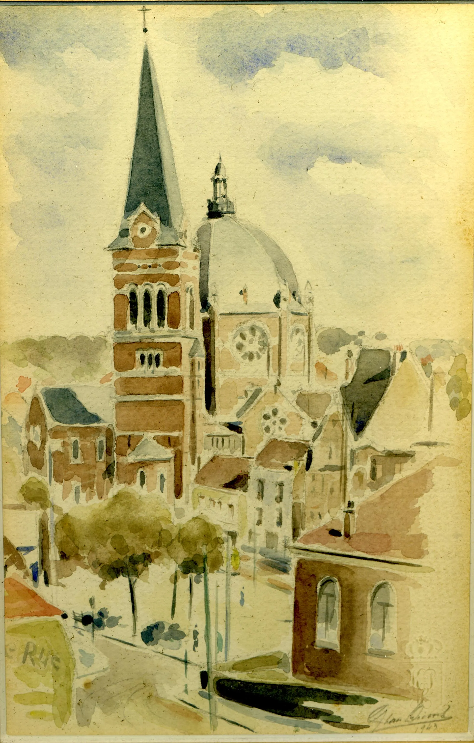 Photo showing: L'église Saint-Job à Uccle, aquarelle par Léon van Dievoet, architecte, le 11 juin 1943.