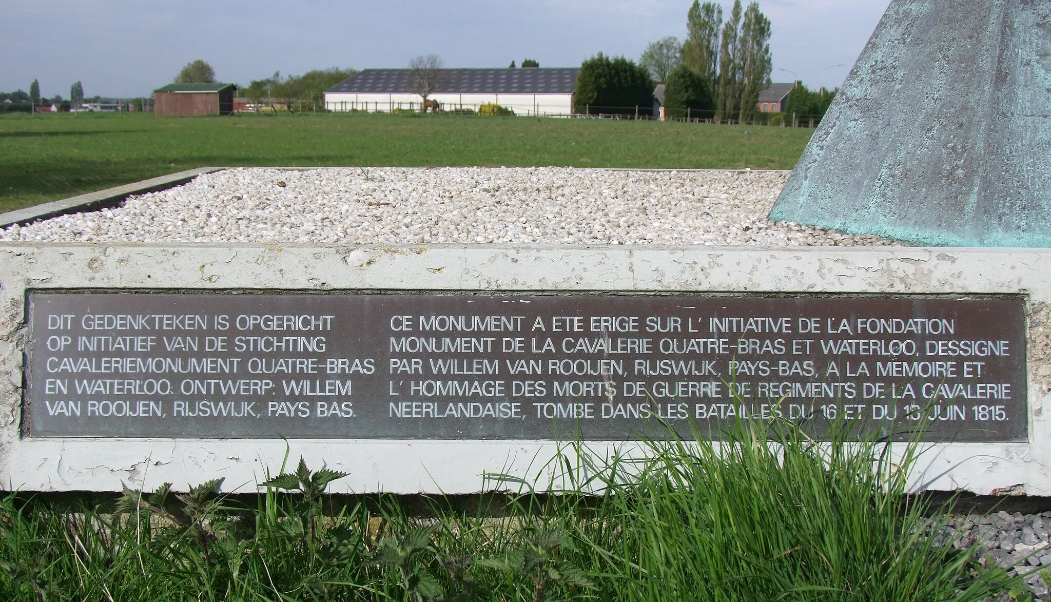 Photo showing: Description of the monument : ►(File:18 June 1815 – Victory at Waterloo – To the Dutch & Belgian Cavalry.jpg). Translation (of the text in Dutch) : This memorial was erected on the initiative of the foundation Cavalry Monument Quatre-Bras en Waterloo. Design: Willem van Rooijen, Rijswijk, The Netherlands.