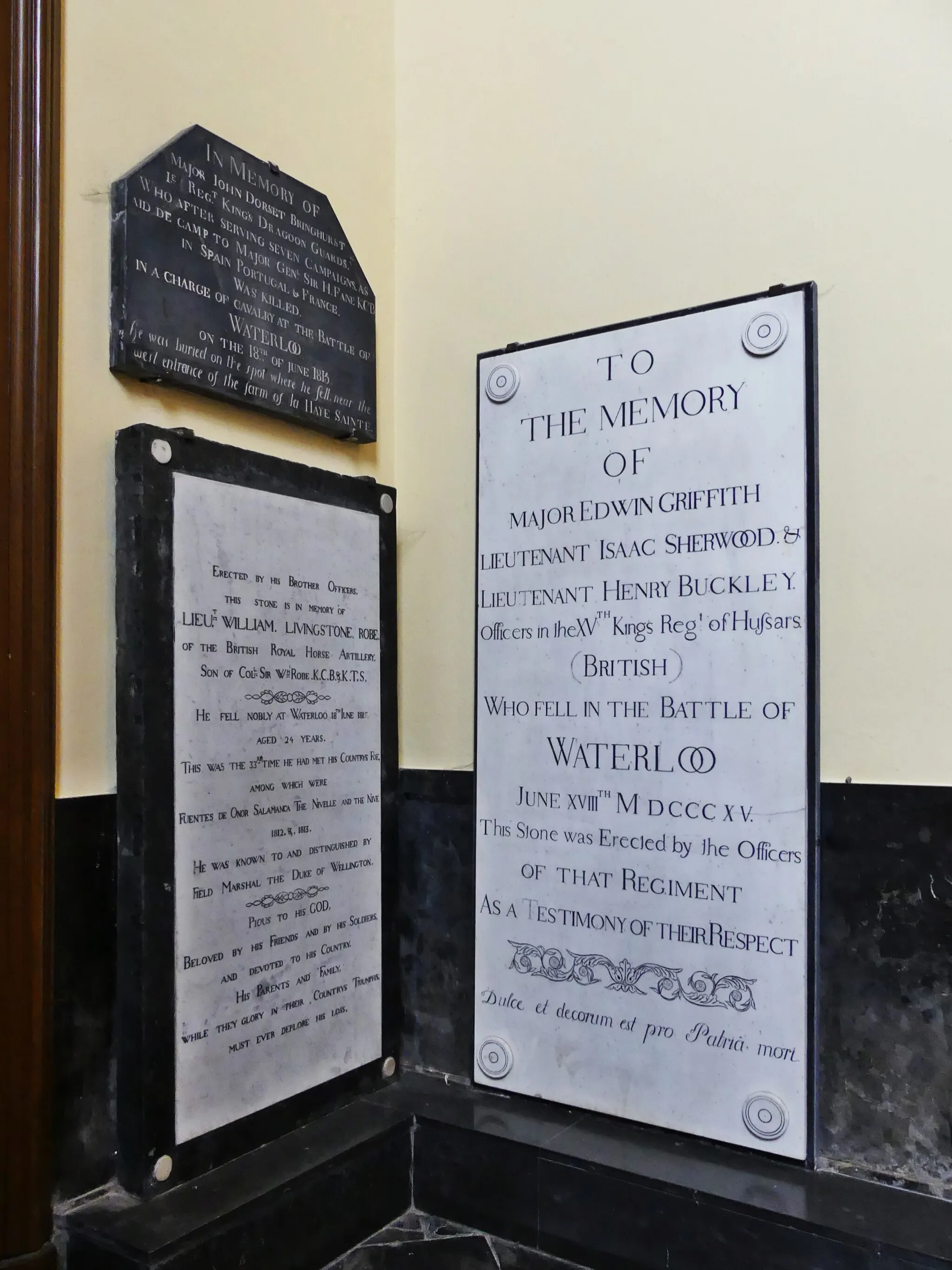 Photo showing: Tablets to Victims of the Battle of Waterloo (18 June 1815) and to the Battle of Quatre-Bras (16 June 1815) displayed in the right aisle (set 1/4) :
1 – Right : ►(File:18 June 1815 – Waterloo – St Joseph's Church, Tablet Right, 1.jpg) ;
2 – Top left : ►(File:18 June 1815 – Waterloo – St Joseph's Church, Tablet Right, 2.jpg) ;

3 – Bottom left : ►(File:18 June 1815 – Waterloo – St Joseph's Church, Tablet Right, 3.jpg).