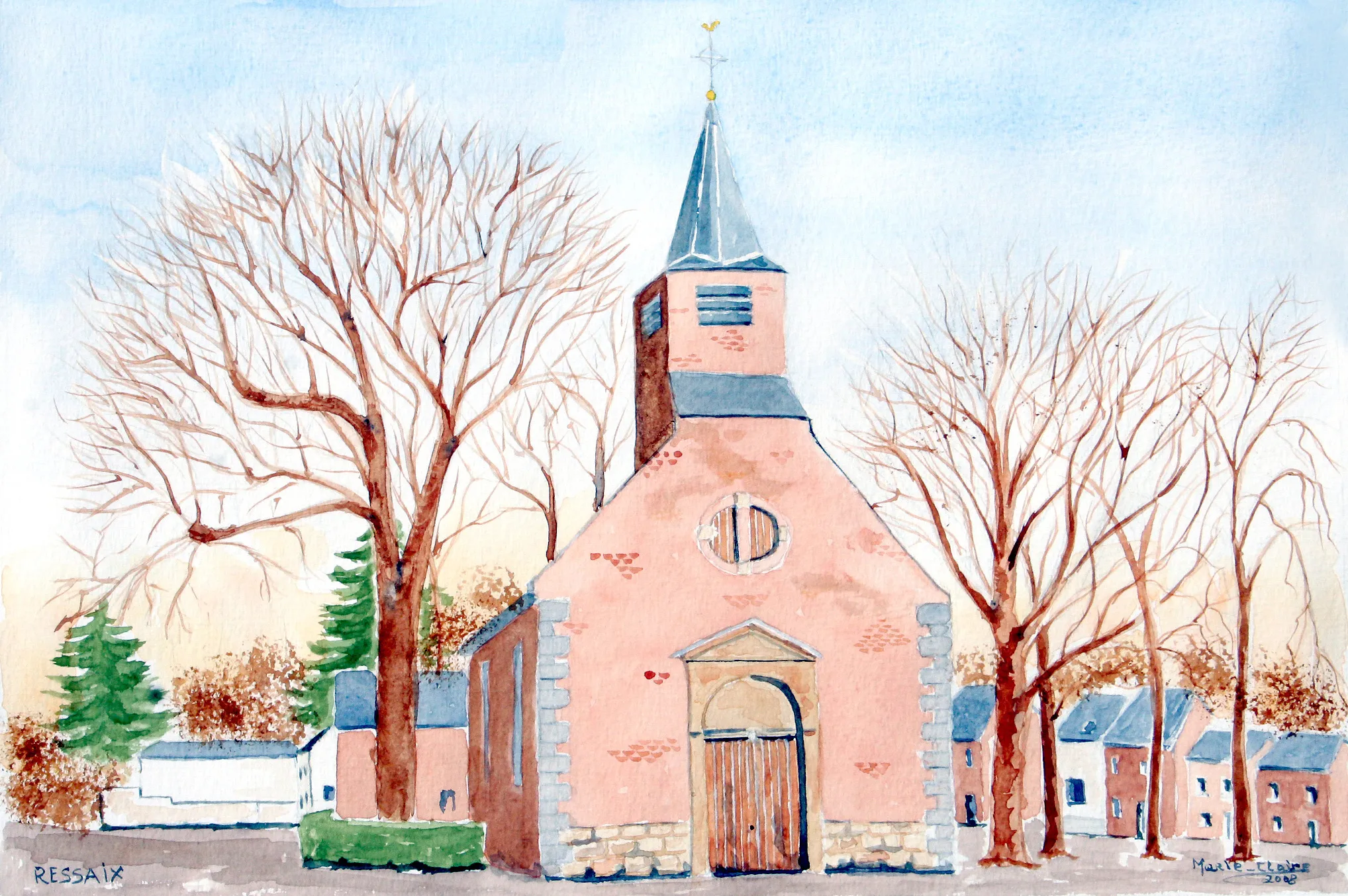 Photo showing: « L’église Saint-Etienne de Ressaix » - Aquarelle réalisée en 2008 par Marie-Claire Lefébure.