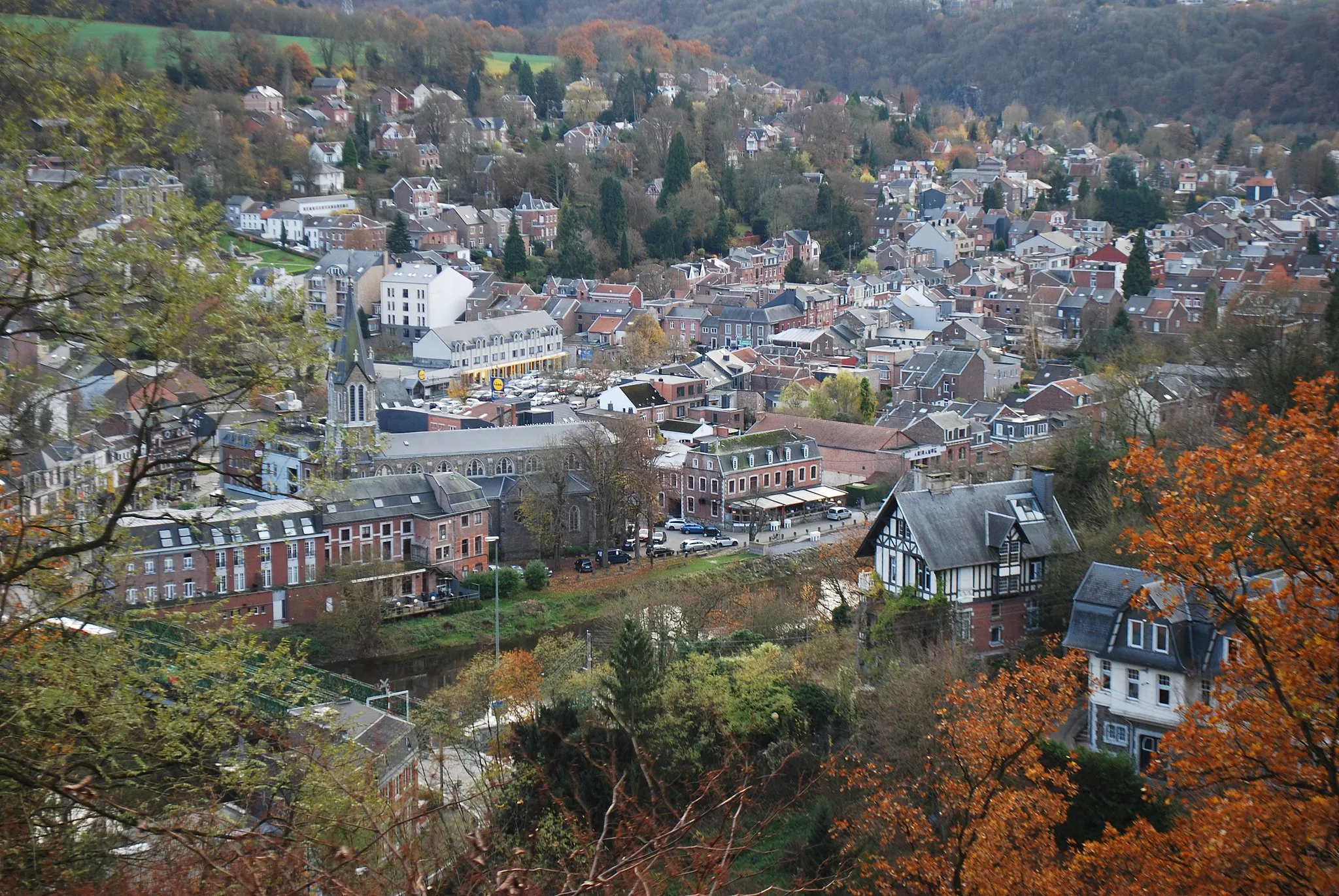 Photo showing: Vue du quartier de Sur-le-Mont, sur la rive gauche de l'Ourthe, au dessus de Tilff (commune d'Esneux, dans la province de Liège, Belgique).