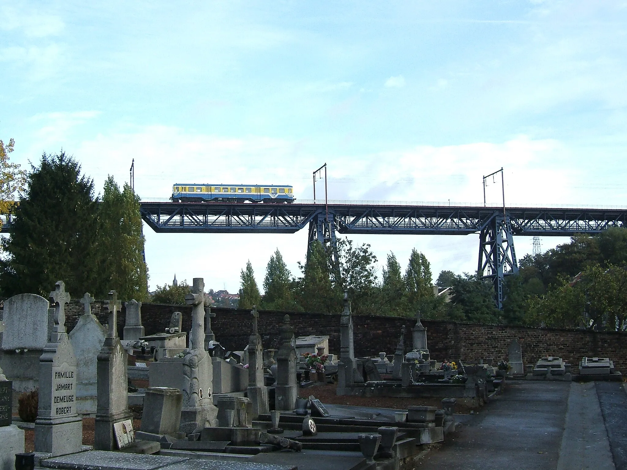 Photo showing: Class 44 DMU on Horloz viaduct over Tilleur cemetery