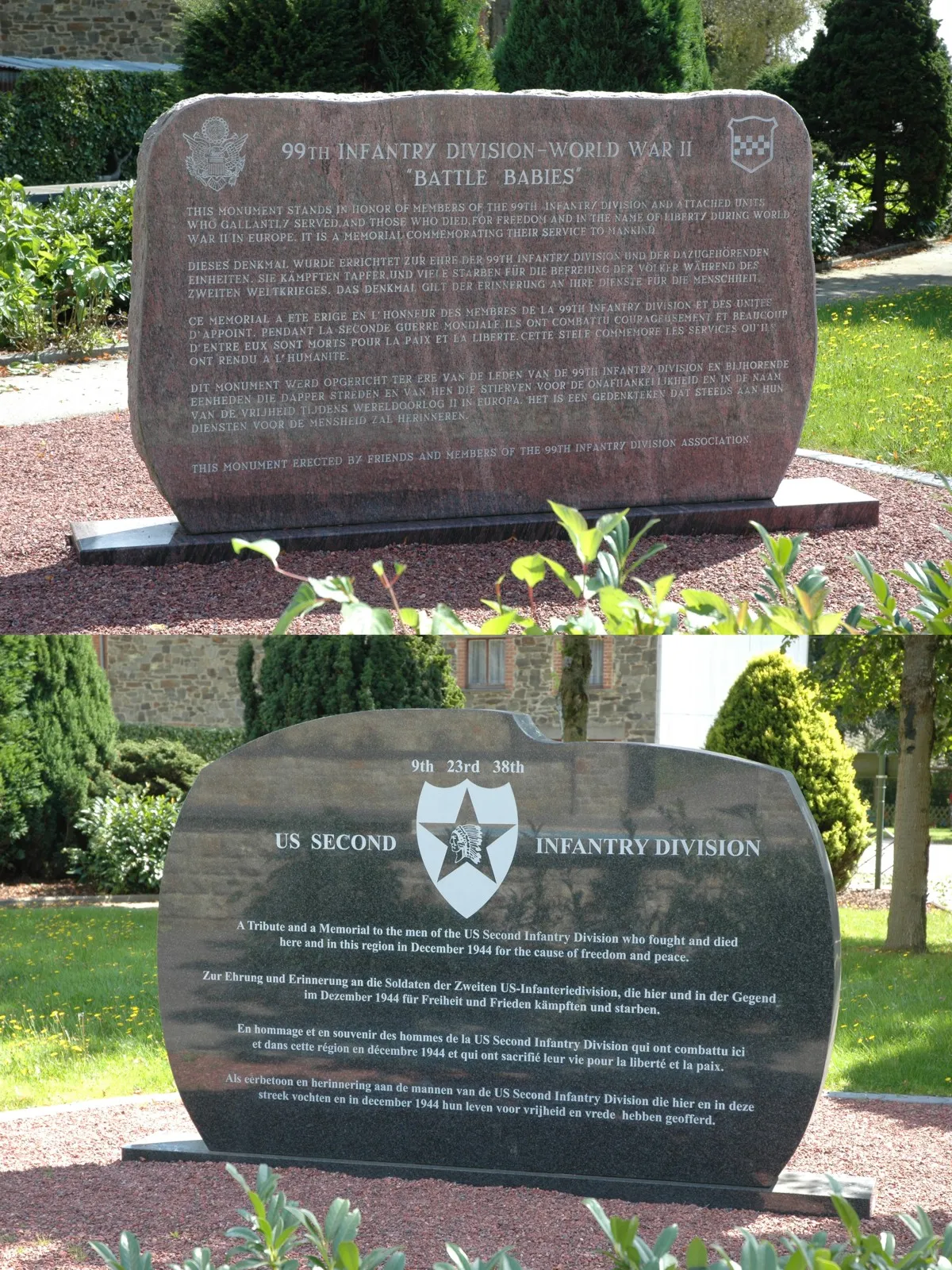 Photo showing: Two photos of memorials in the village Rocherath-Krinkelt, municipality Büllingen, Belgium. They comemorate the 99th Infantry Division (upper picture) and the 2nd Infantry Division (lower picture) of the United States Army who both fought here during the Battle of the Bulge in winter 1944/45.