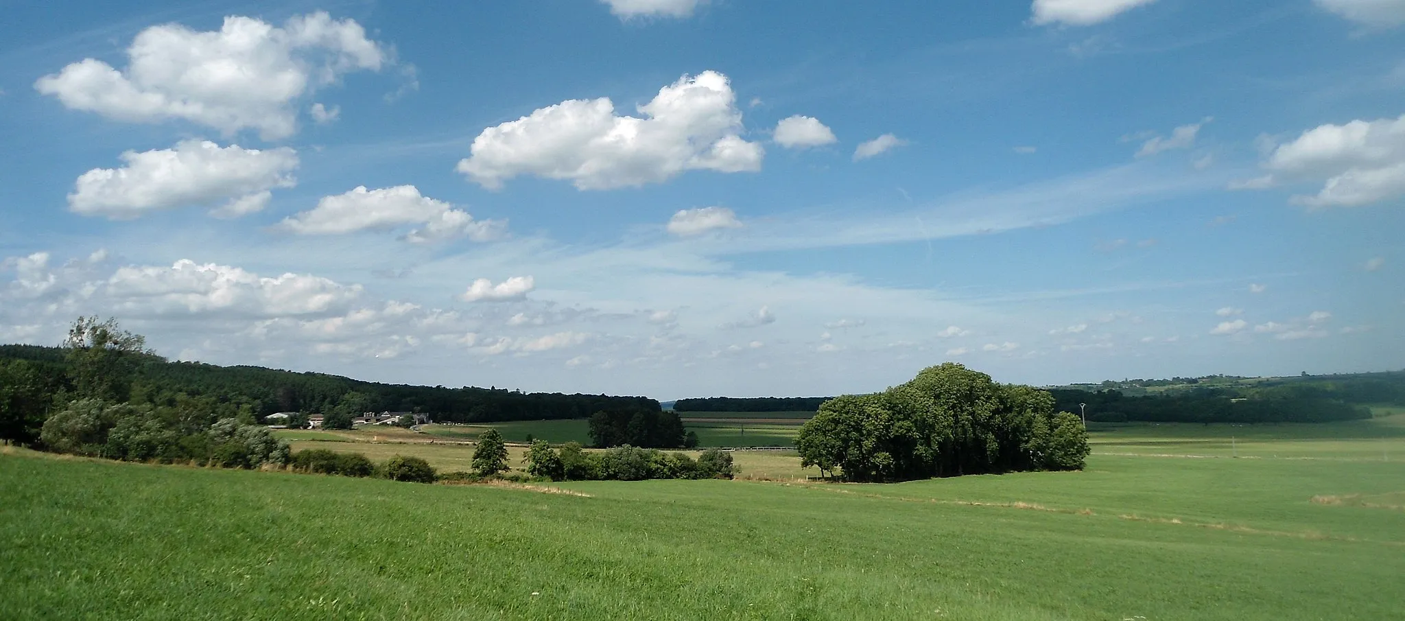 Photo showing: La Calestienne : les chantoir(e)s de Pironboeuf entre Harzé et Xhoris. A gauche, les forêts d'Ardenne. A l'horizon, à droite, crête du Condroz