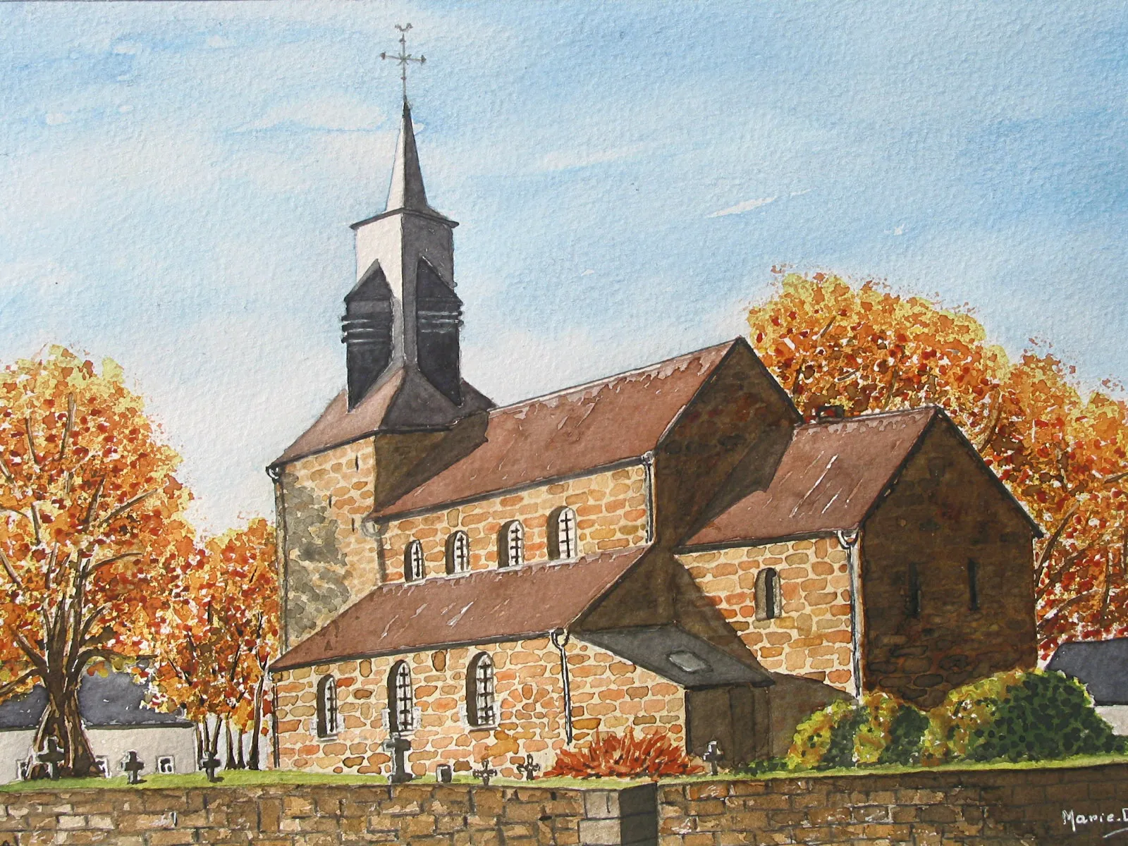 Photo showing: L'église Saint-Étienne de Waha - Aquarelle réalisée en 2001 par Marie-Claire Lefébure.