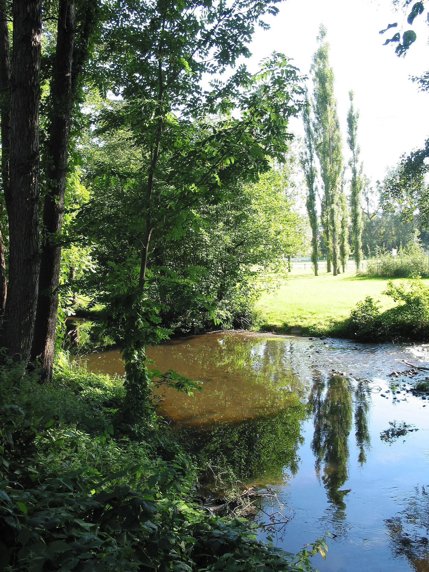 Photo showing: Forrières (Belgium), the L'Homme river on the downstream side of the football field island.