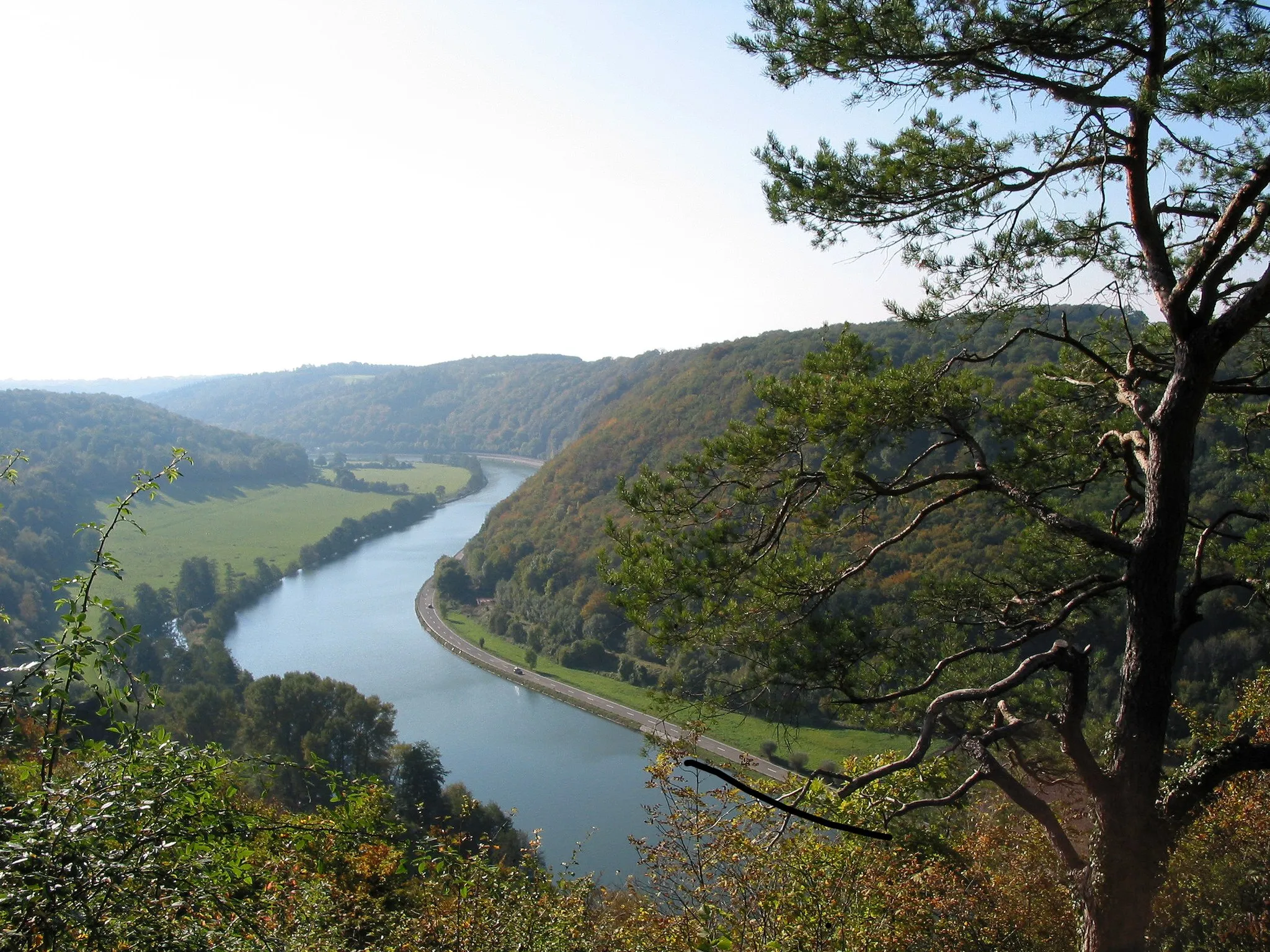 Photo showing: The Meuse, seen from the top of "Freÿr" Rocks along the "Colébi" and "Roche al Rue" called places between Anseremme and Waulsort (Belgium).