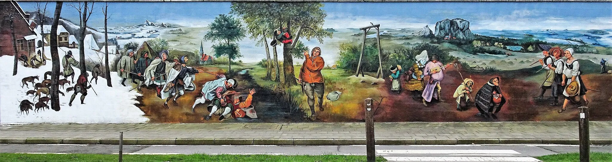 Photo showing: Fresque des œuvres de Pieter Brueghel l'Ancien face à l'église Saint Nicolas de Rekkem.- Successivement sont représentés: « Les chasseurs dans la neige », « la parabole des aveugles », « le proverbe du dénicheur », « la pie sur le gibet », et « Le combat de Carnaval et de Carême (les joueurs de vihuela) » et « La fenaison ».- Flandre Occidentale - Belgique