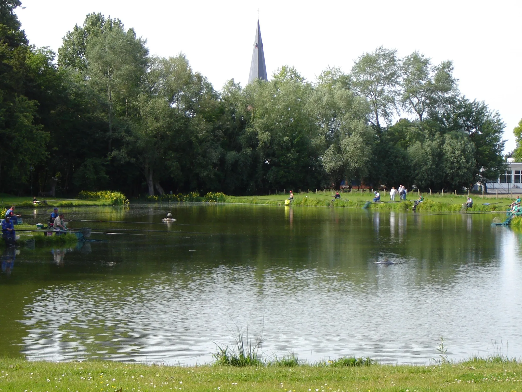 Photo showing: Motepark in town centre of Koekelare, West-Flanders, Belgium. Park + wood + fishpond + Sint Martinus Church