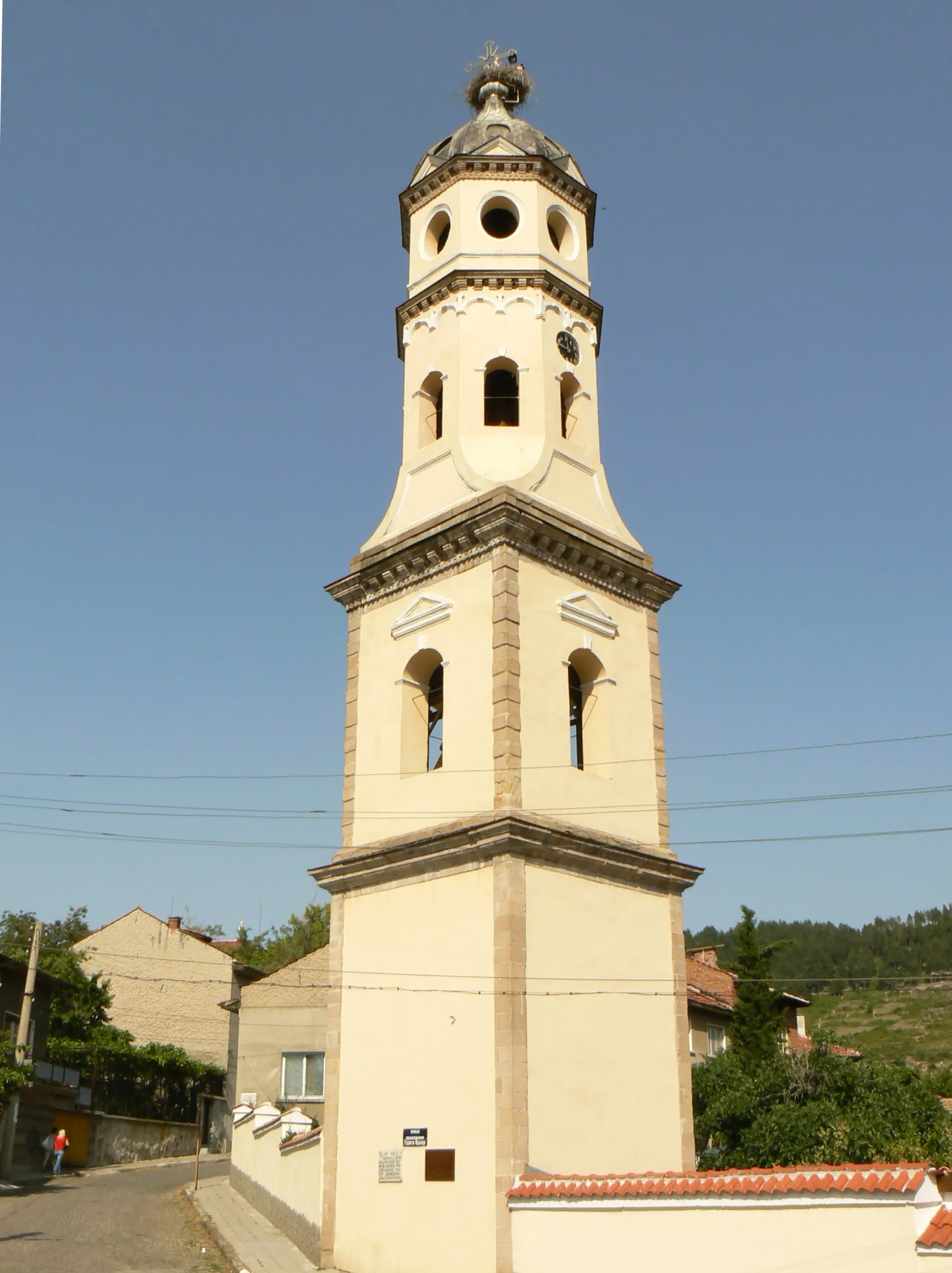 Photo showing: The belfry of church "St John Precursor" in Bratsigovo, Bulgaria. Built in 1884-1886 by master Ivan Dragov, this is the highest belfry on the Balkan Peninsula: 35 metres