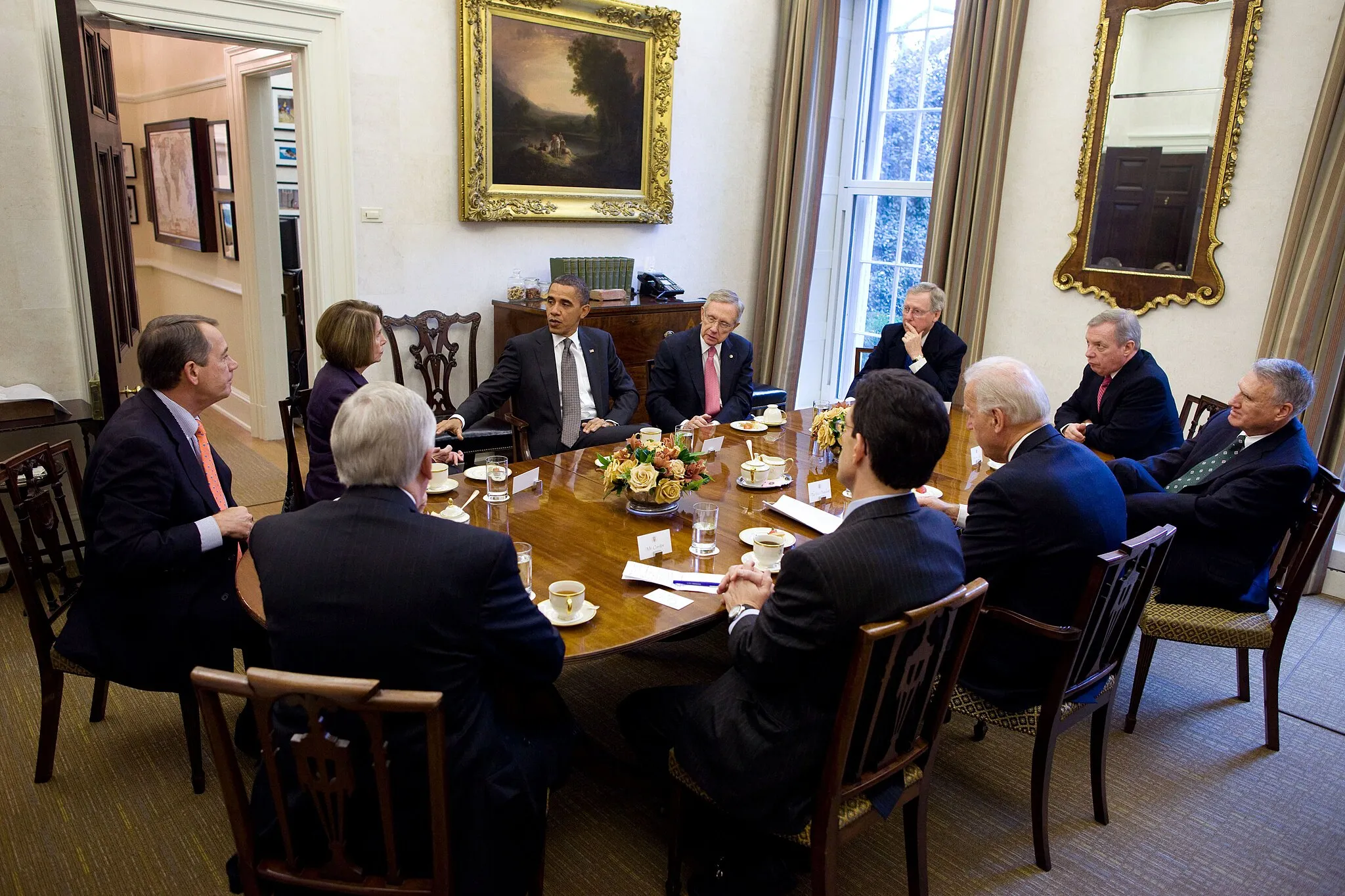 Photo showing: President Barack Obama and Vice President Joe Biden meet with bipartisan Congressional leadership in the Oval Office Private Dining Room, Nov. 30, 2010.  Attending the meeting, clockwise from President Obama are: Sen. Harry Reid, D-Nev., Majority Leader; Sen. Mitch McConnell, R-Ky., Republican Leader; Sen. Dick Durbin, D-Ill., Assistant Majority Leader; Sen. Jon Kyl, R-Ariz., Republican Whip; Vice President Biden, Rep. Eric Cantor, R-Va., Republican Whip; Rep. Steny Hoyer, D-Md., Majority Leader; Rep. John Boehner, R-Ohio, Republican Leader; and Speaker Nancy Pelosi, D-Calif. (Official White House Photo by Pete Souza)