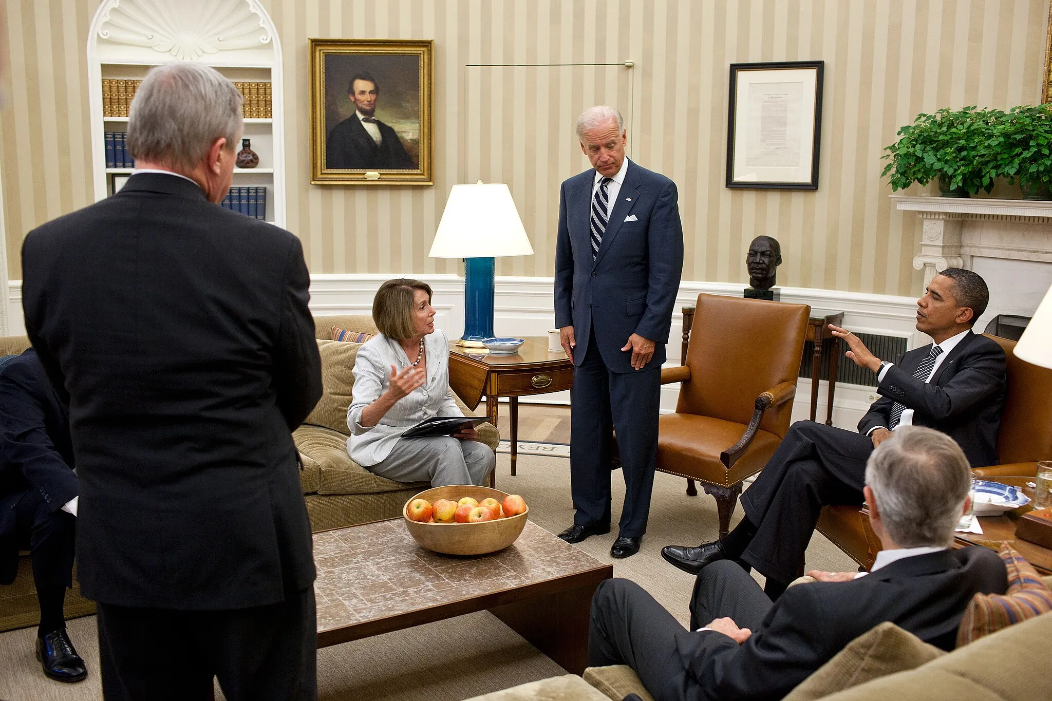 Photo showing: President Barack Obama and Vice President Joe Biden meet the Democratic leadership in the Oval Office to discuss ongoing efforts to find a balanced approach to the debt limit and deficit reduction, July 21, 2011. Pictured, from left, are: Senate Majority Whip Dick Durbin, House Minority Leader Nancy Pelosi, and Senate Majority Leader Harry Reid. (Official White House Photo by Pete Souza)