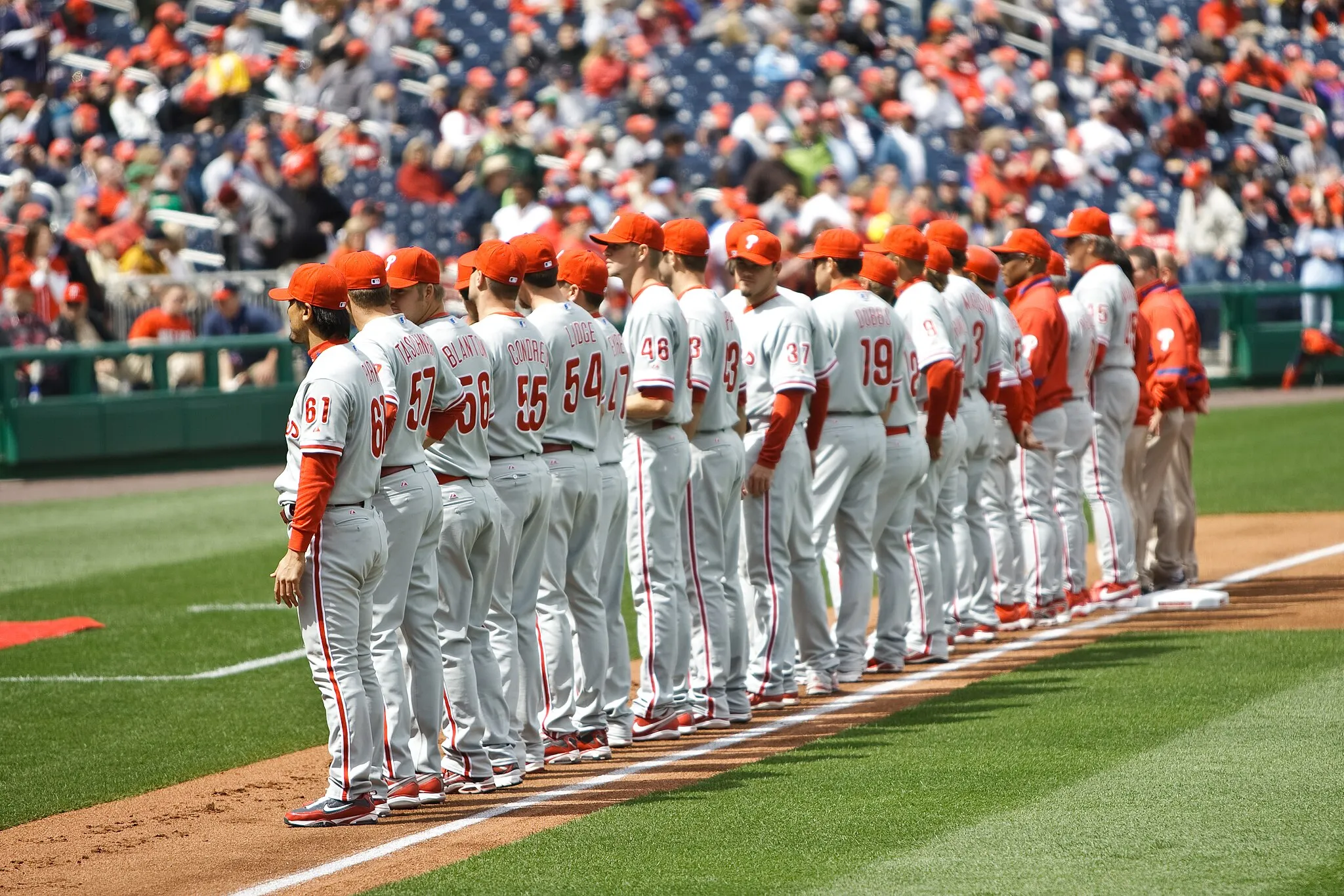 Photo showing: Opening day for Nats - Phillies lined up on 3rd base side